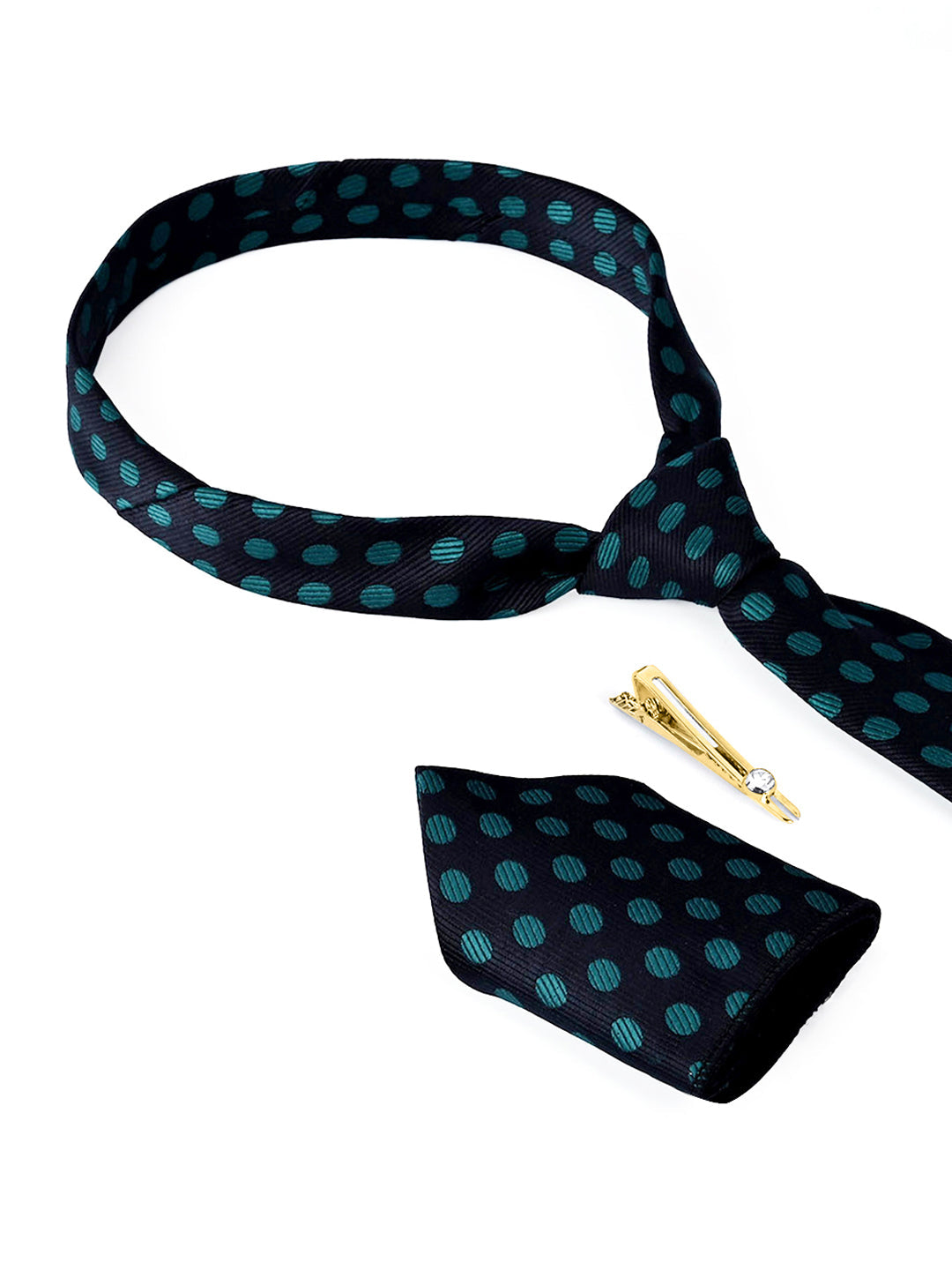Dark Green Luxury Italian Silk Necktie Set Pocket Square Golden Tiepin