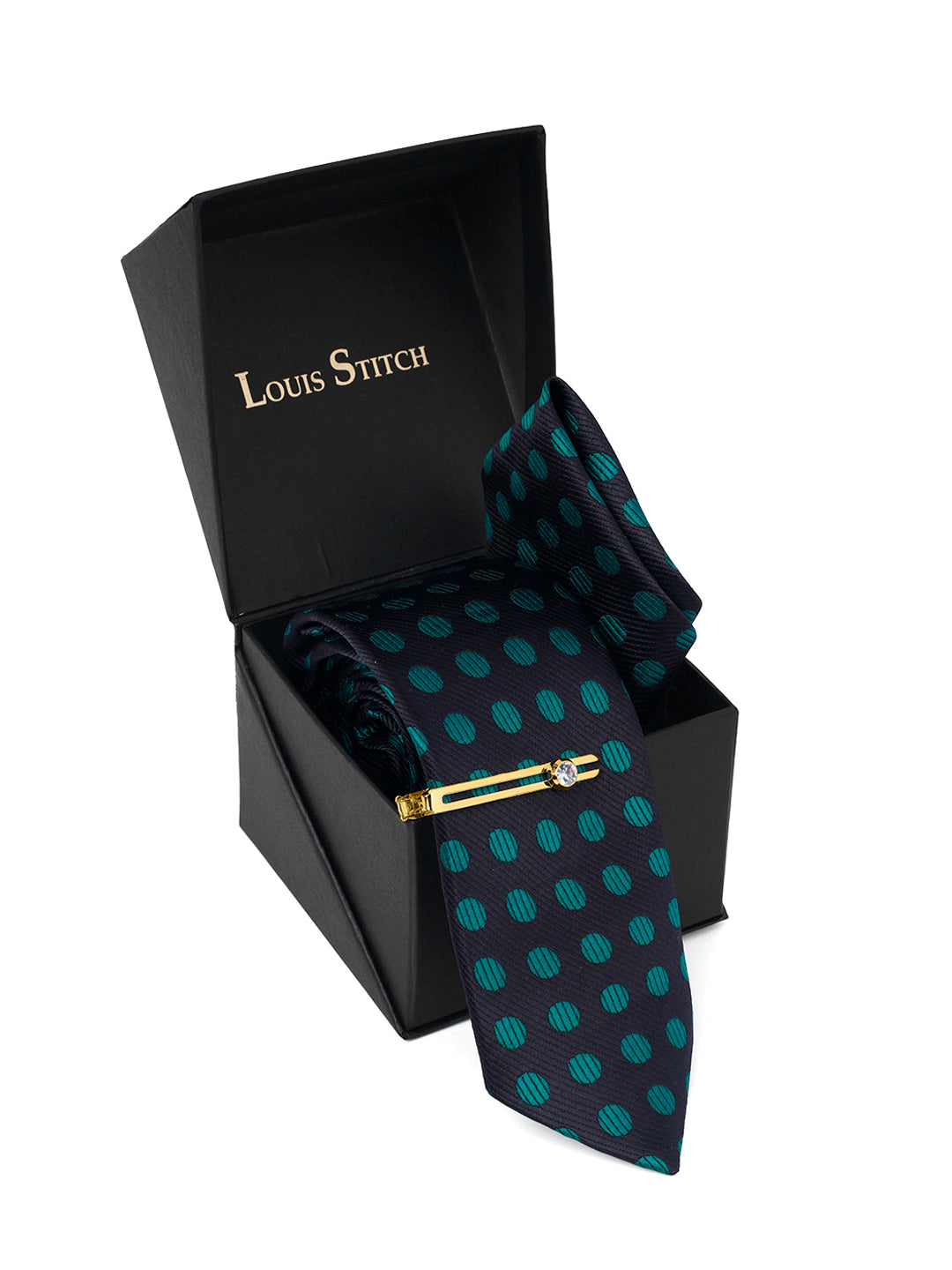 Dark Green Luxury Italian Silk Necktie Set Pocket Square Golden Tiepin