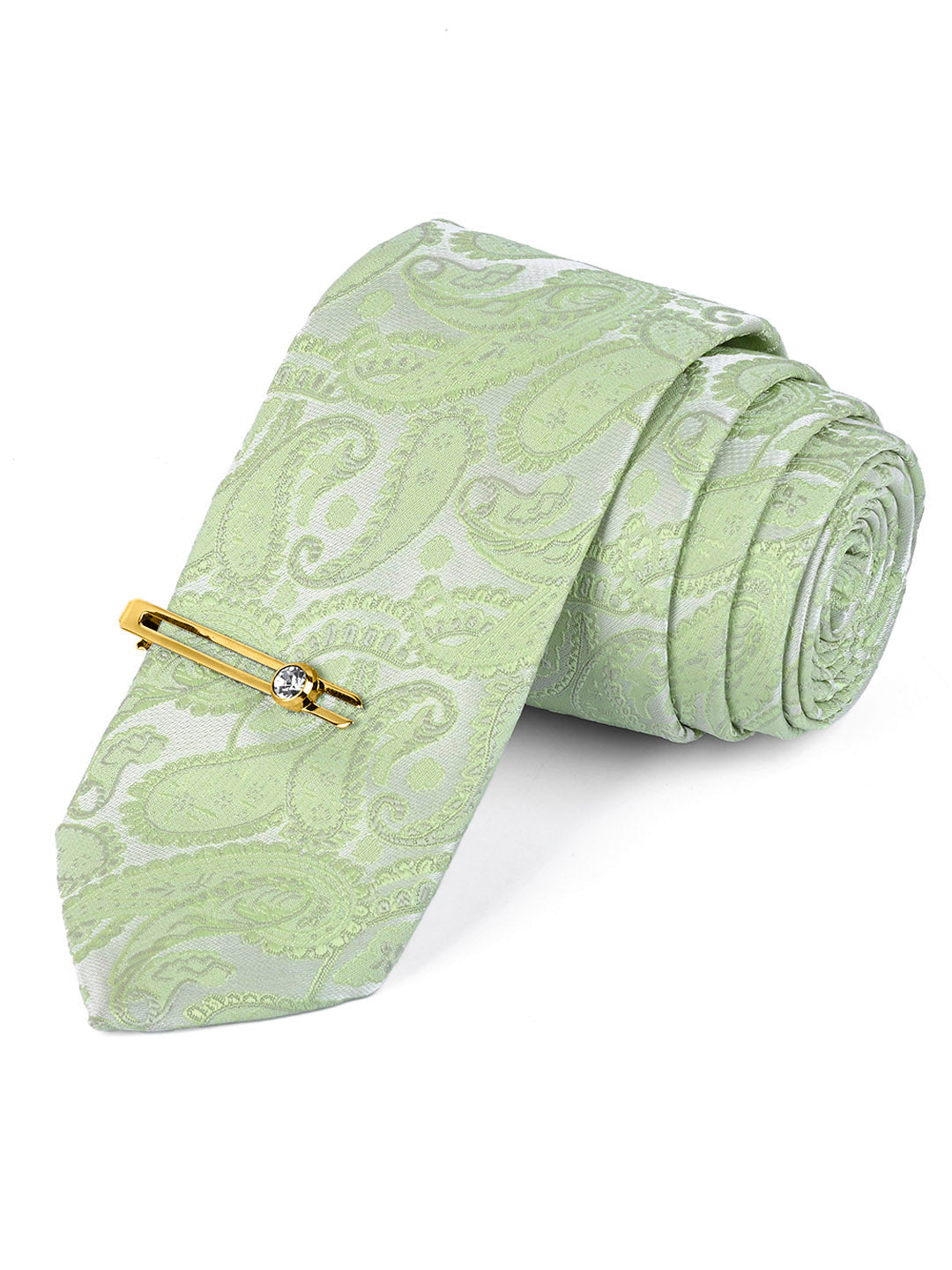 Mint Green Luxury Italian Silk Necktie Set Pocket Square Golden Tiepin