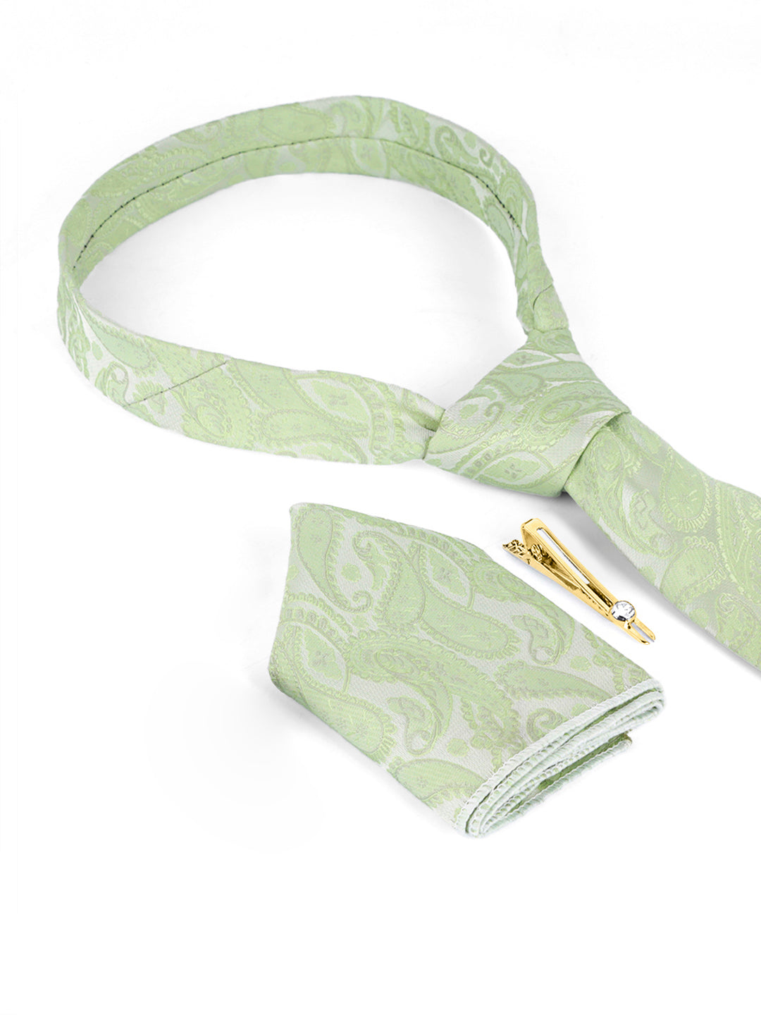 Mint Green Luxury Italian Silk Necktie Set Pocket Square Golden Tiepin
