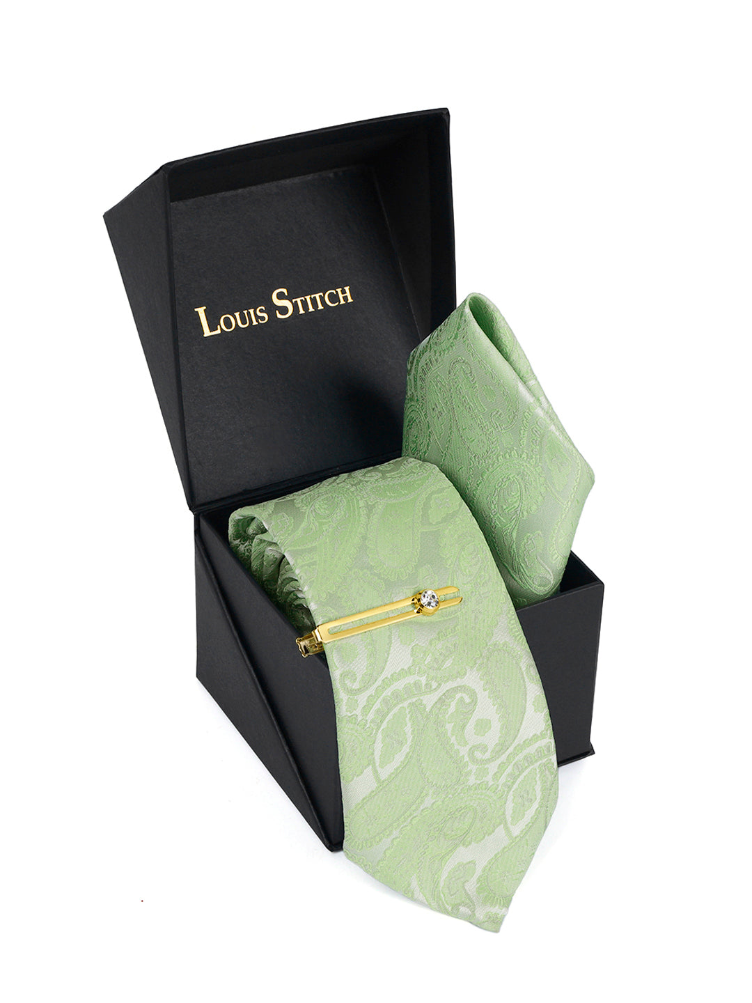 Mint Green Luxury Italian Silk Necktie Set Pocket Square Golden Tiepin