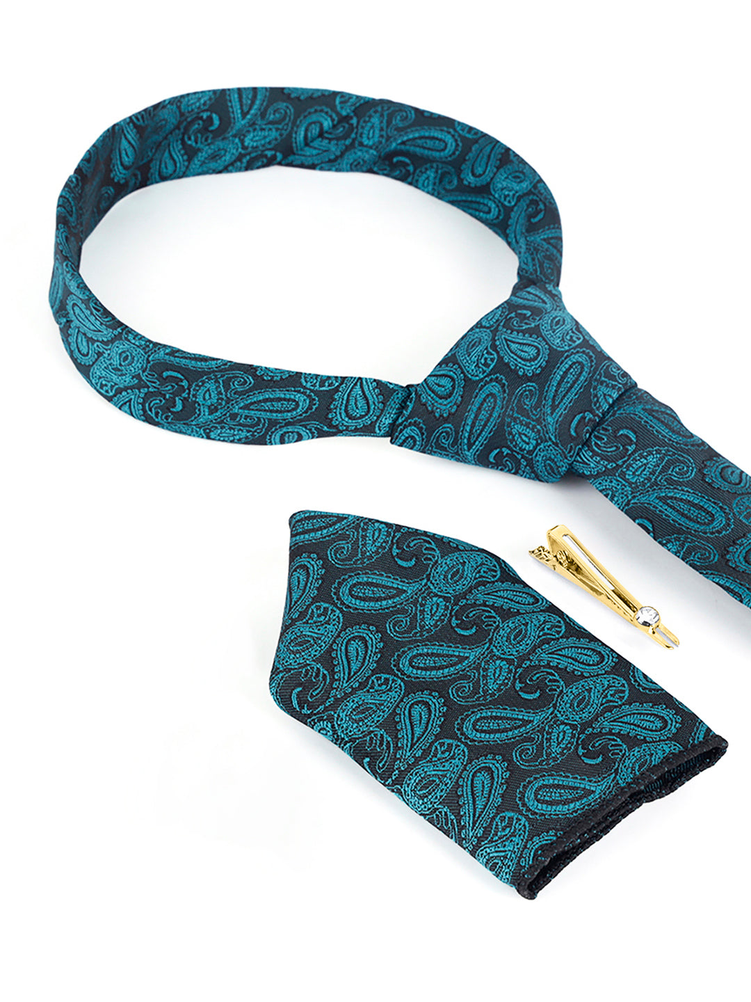 Pine Green Luxury Italian Silk Necktie Set Pocket Square Golden Tiepin