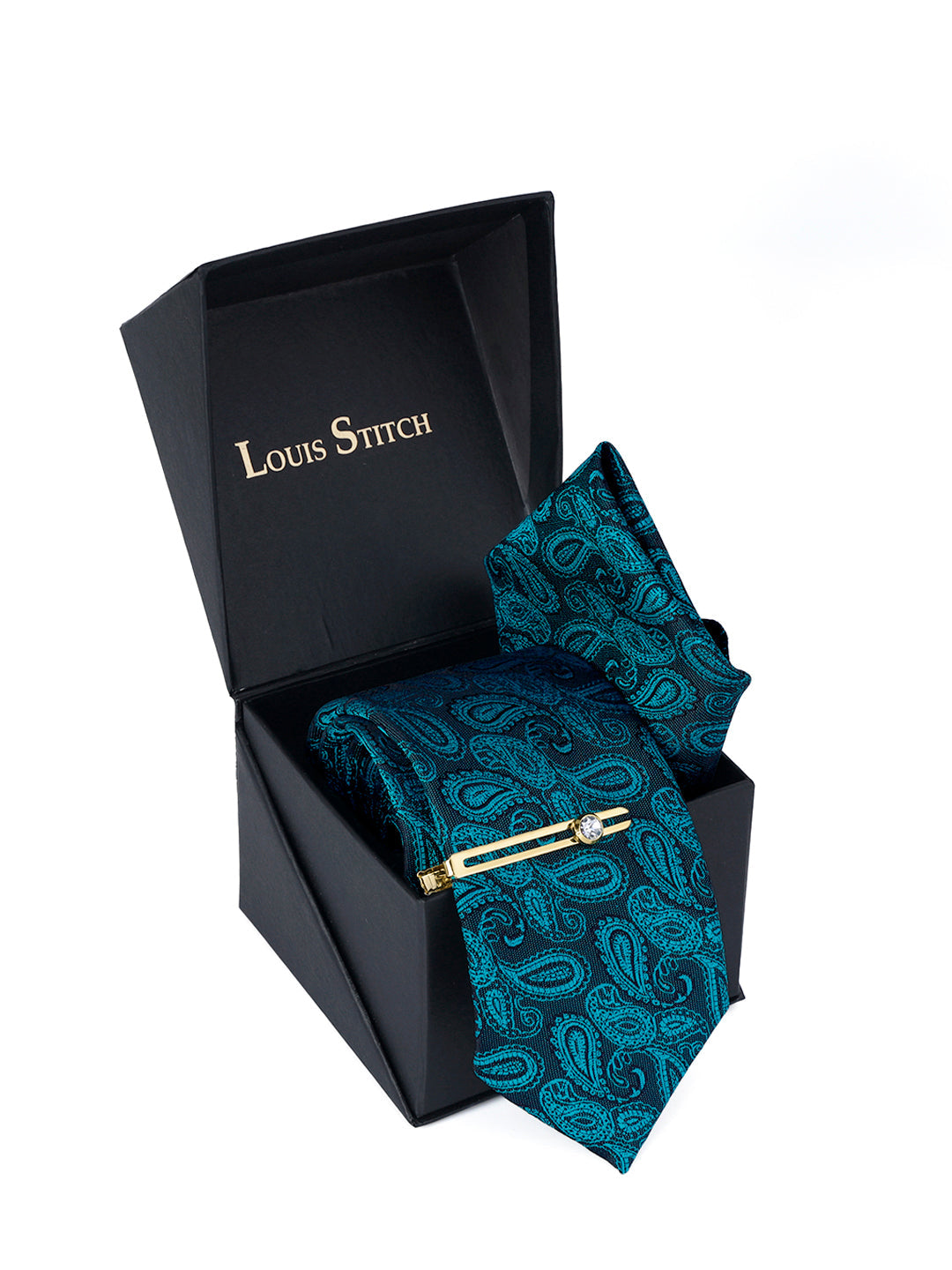 Pine Green Luxury Italian Silk Necktie Set Pocket Square Golden Tiepin