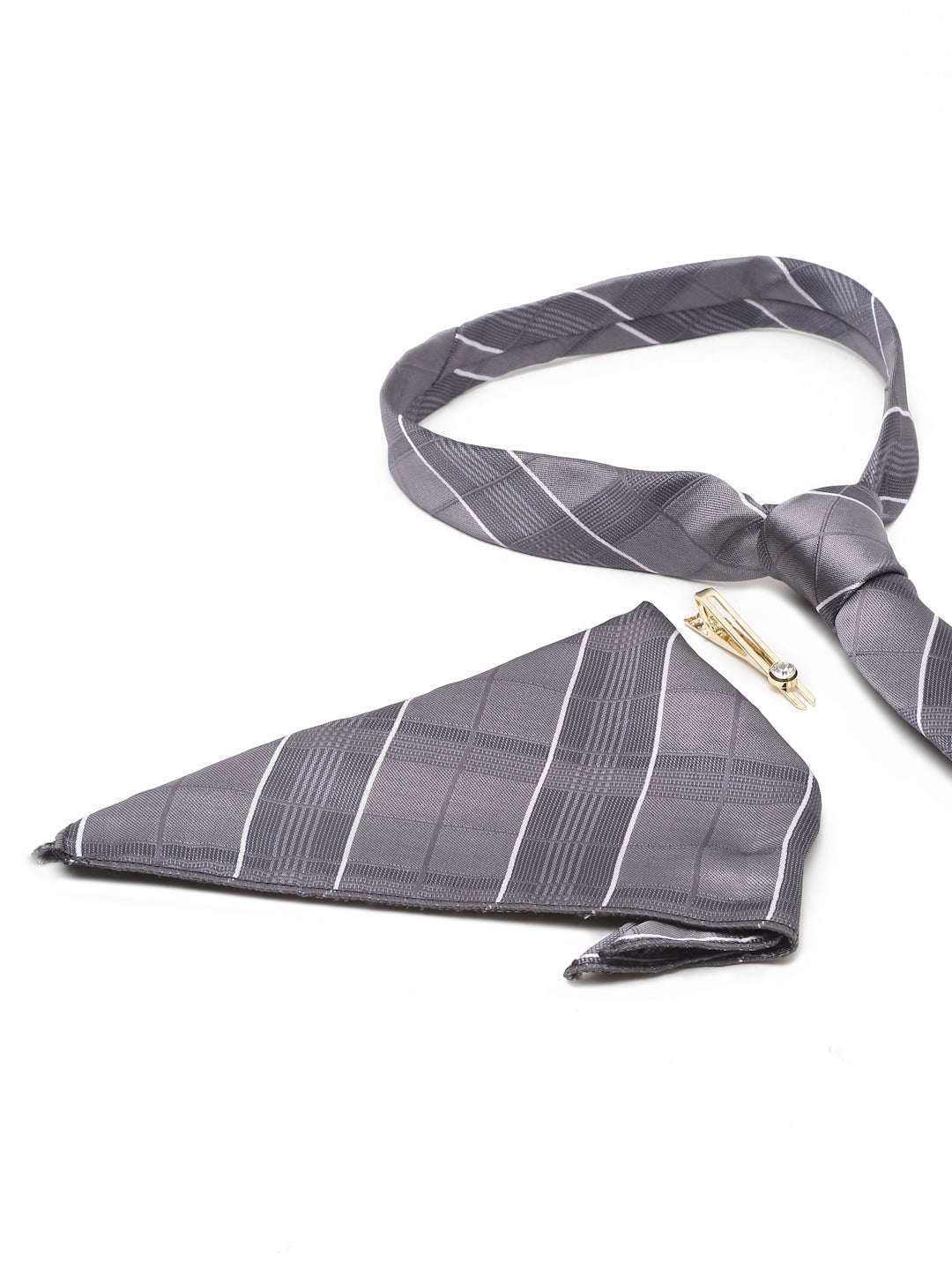 Checkered Grey Italian Silk Necktie Set Pocket Square Golden Tiepin
