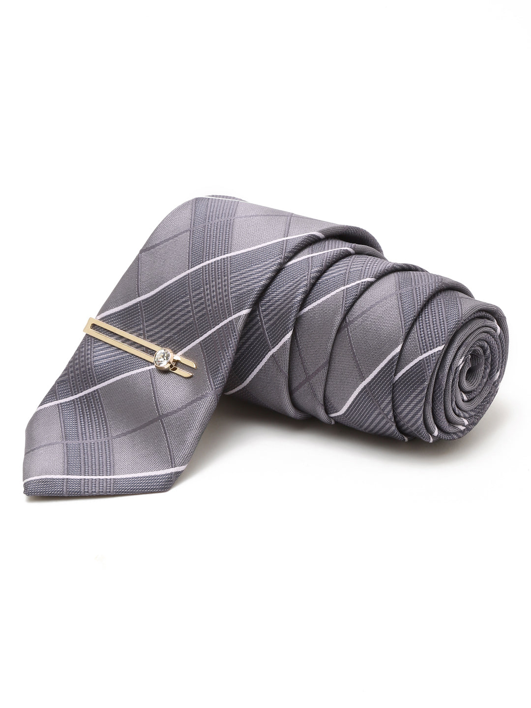 Checkered Grey Italian Silk Necktie Set Pocket Square Golden Tiepin