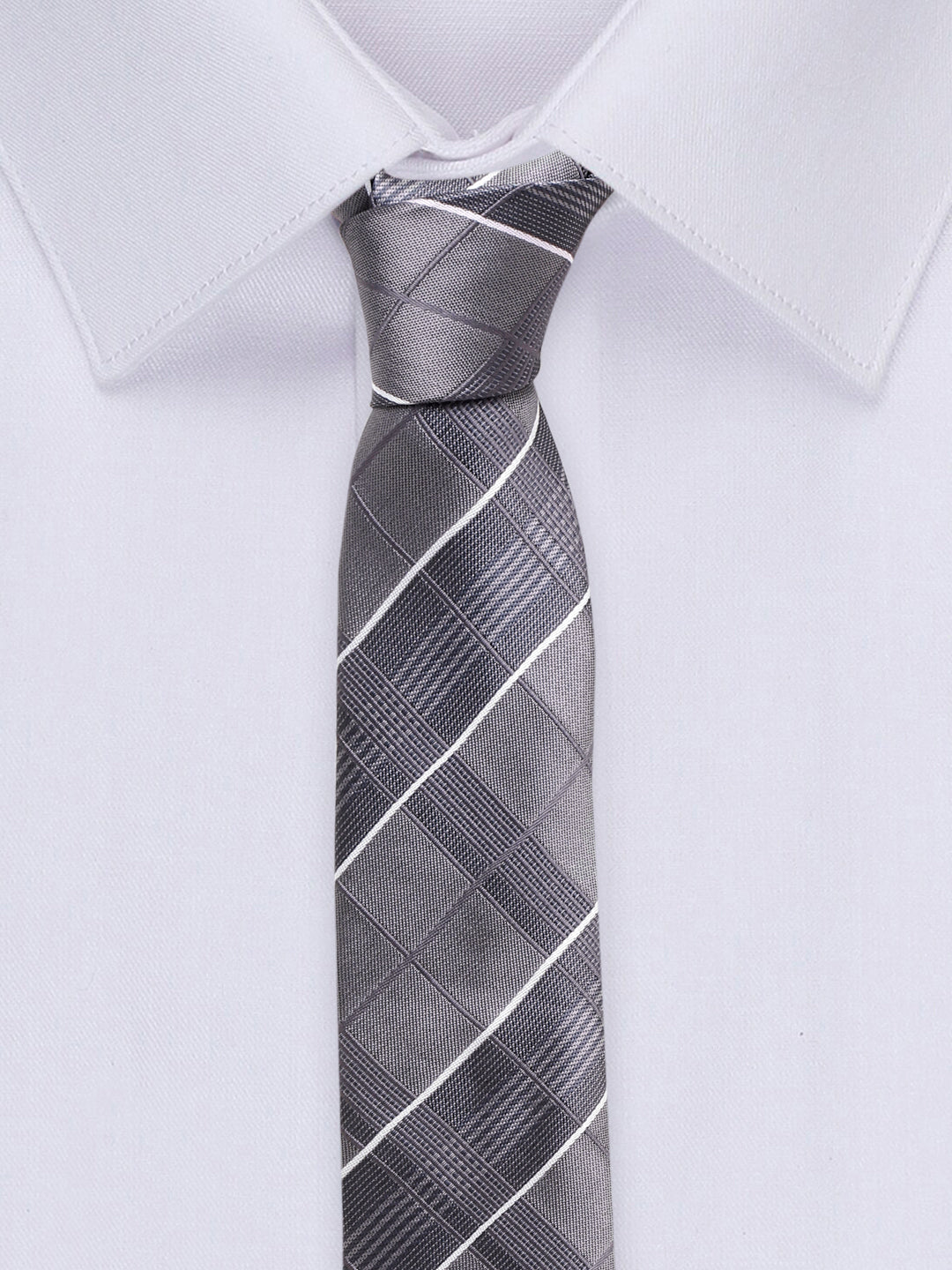 Checkered Grey Italian Silk Necktie Set Pocket Square Golden Tiepin