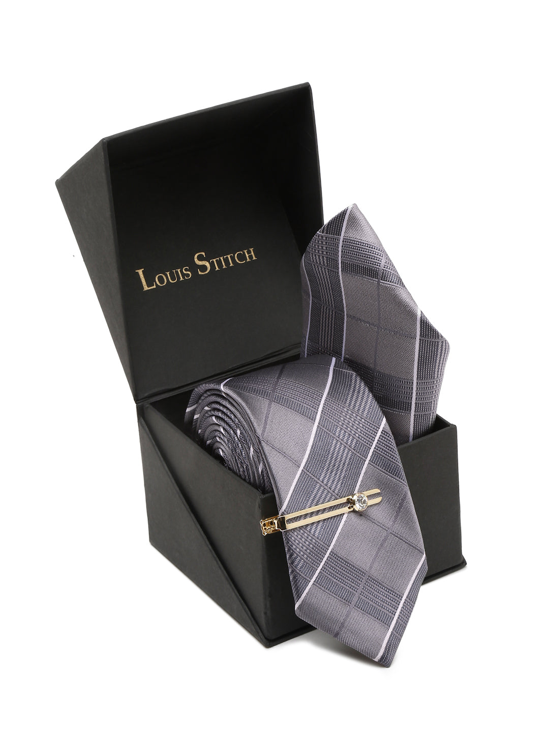 Checkered Grey Italian Silk Necktie Set Pocket Square Golden Tiepin