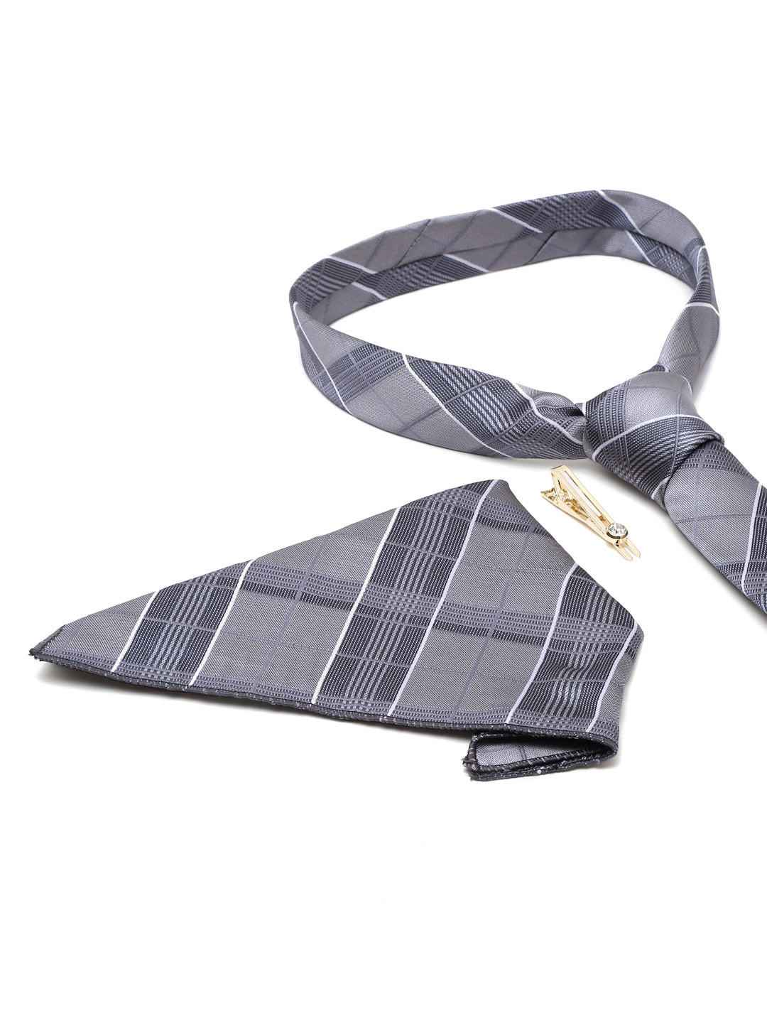 Checkered Grey Italian Silk Necktie Set Pocket Square Golden Tiepin