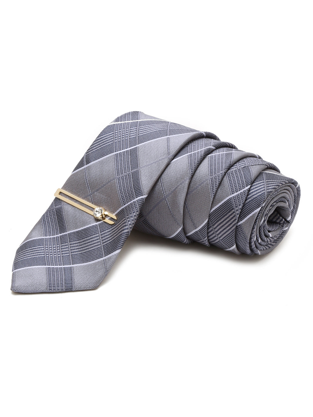 Checkered Grey Italian Silk Necktie Set Pocket Square Golden Tiepin