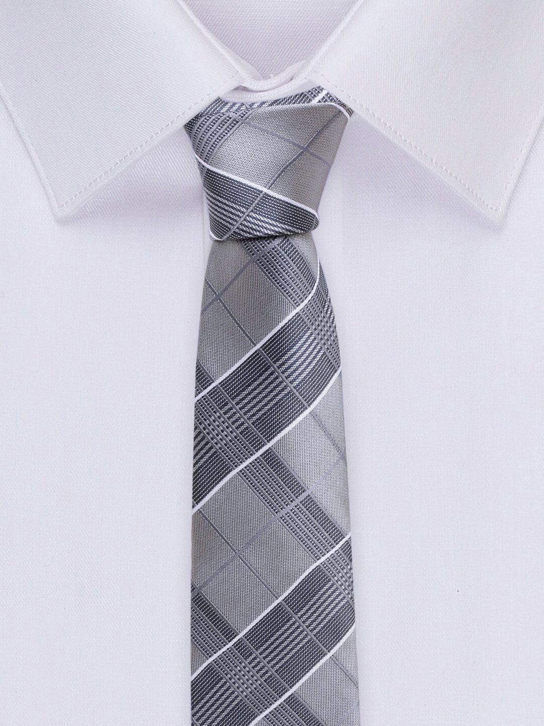 Checkered Grey Italian Silk Necktie Set Pocket Square Golden Tiepin