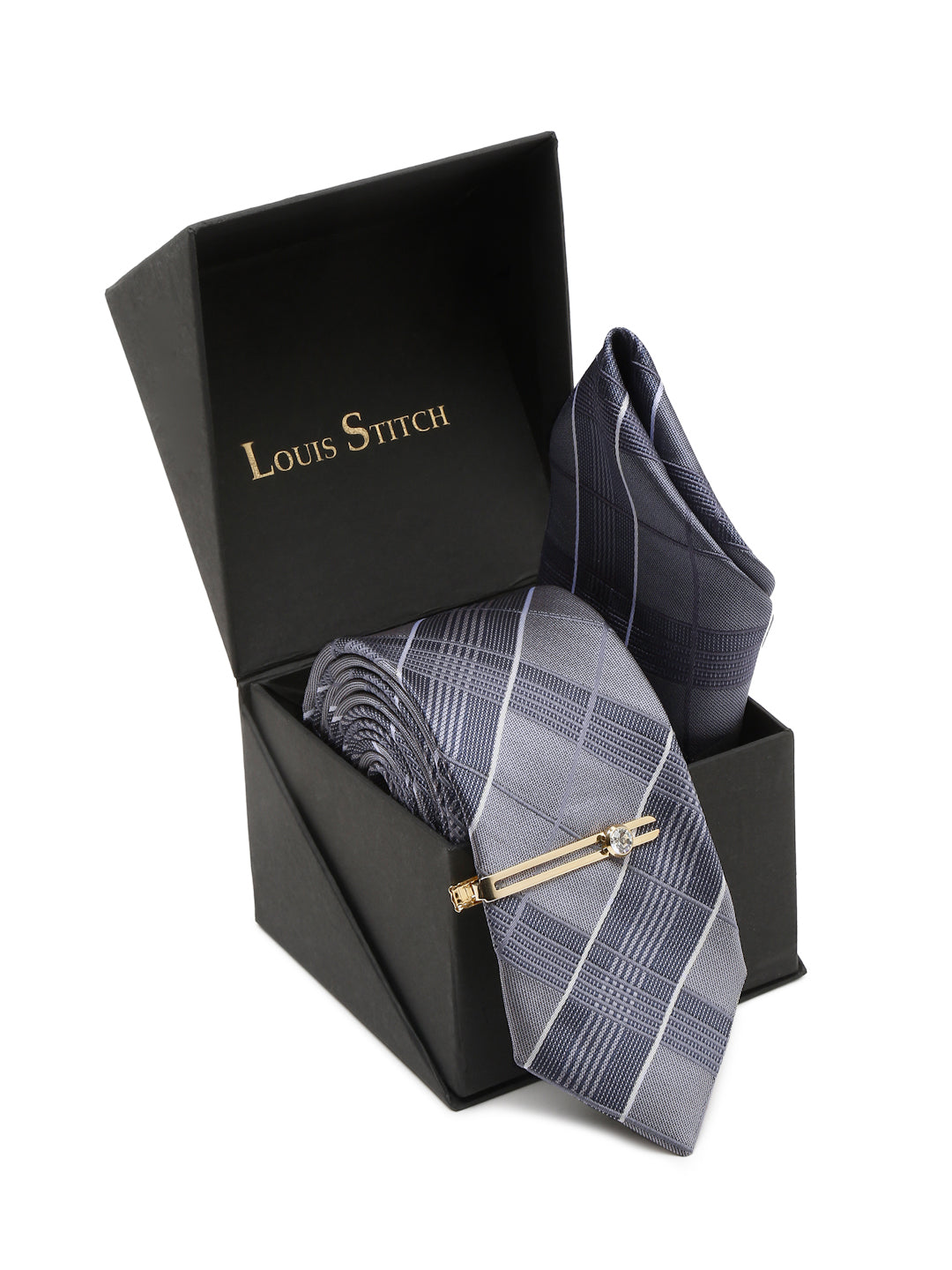 Checkered Grey Italian Silk Necktie Set Pocket Square Golden Tiepin