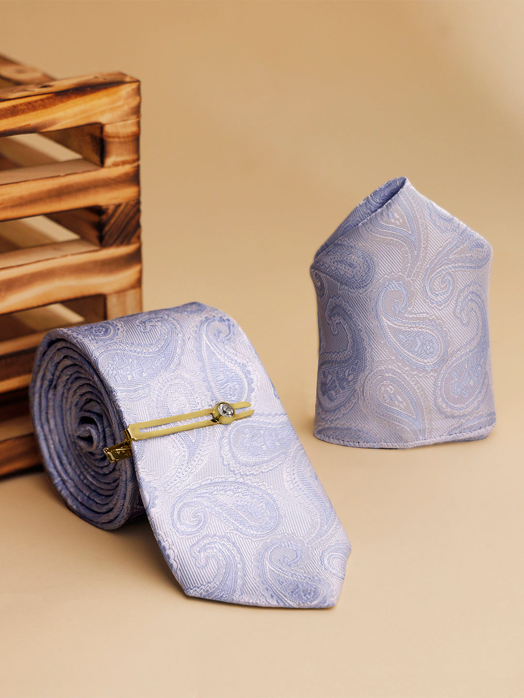 Blue Grey Luxury Italian Silk Necktie Set Pocket Square Golden Tiepin