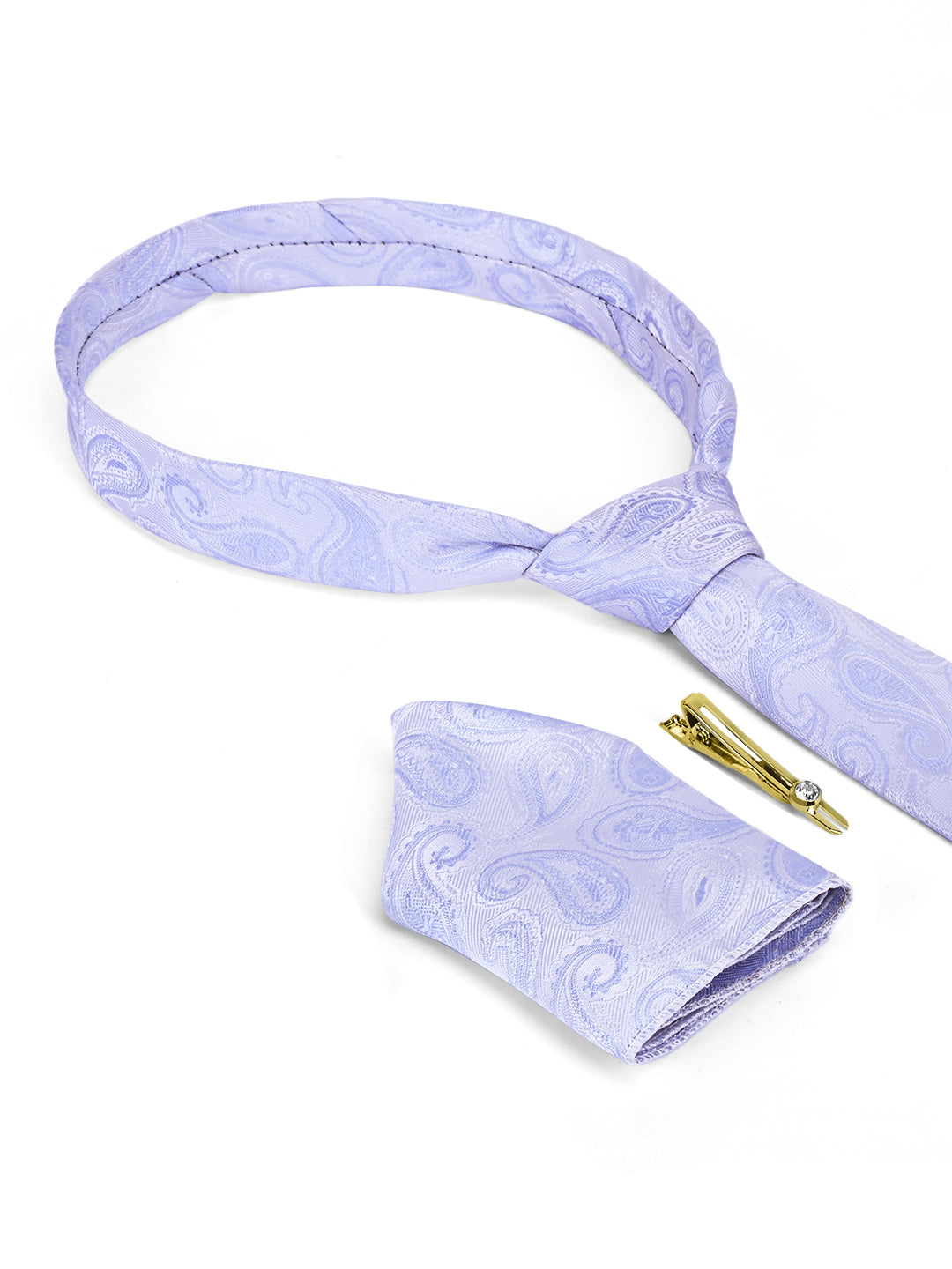 Blue Grey Luxury Italian Silk Necktie Set Pocket Square Golden Tiepin