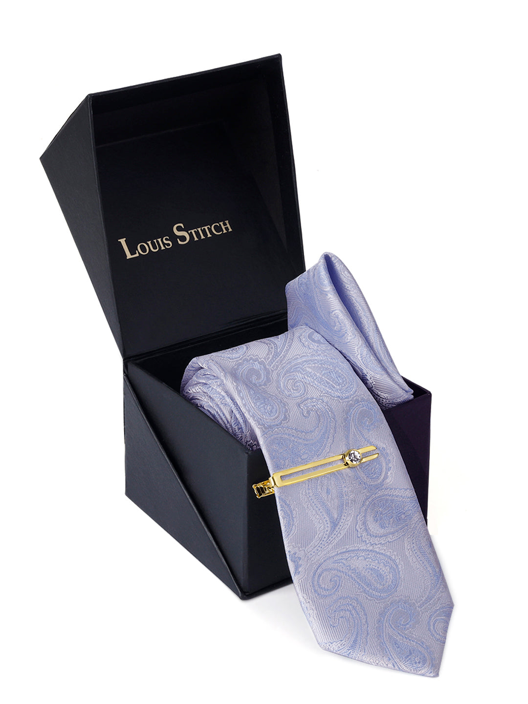Blue Grey Luxury Italian Silk Necktie Set Pocket Square Golden Tiepin