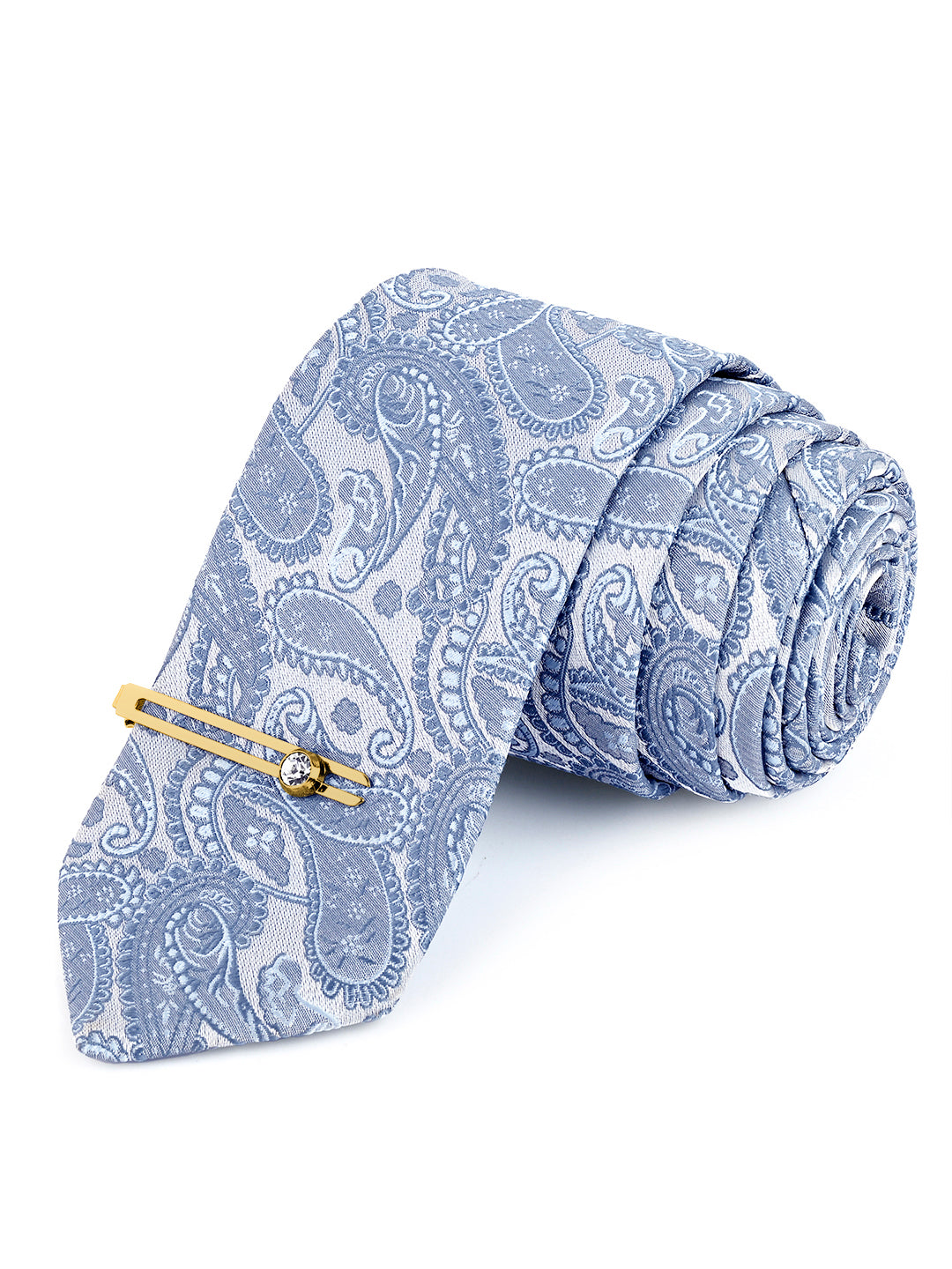 Cadet Grey Luxury Italian Silk Necktie Set Pocket Square Golden Tiepin