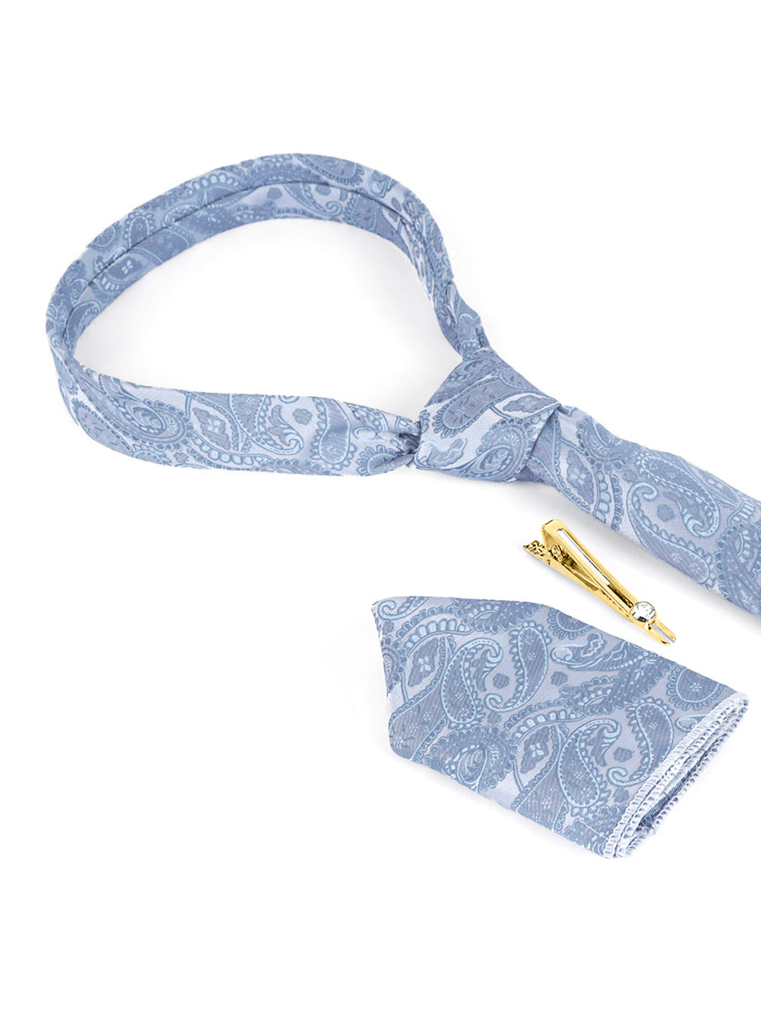 Cadet Grey Luxury Italian Silk Necktie Set Pocket Square Golden Tiepin