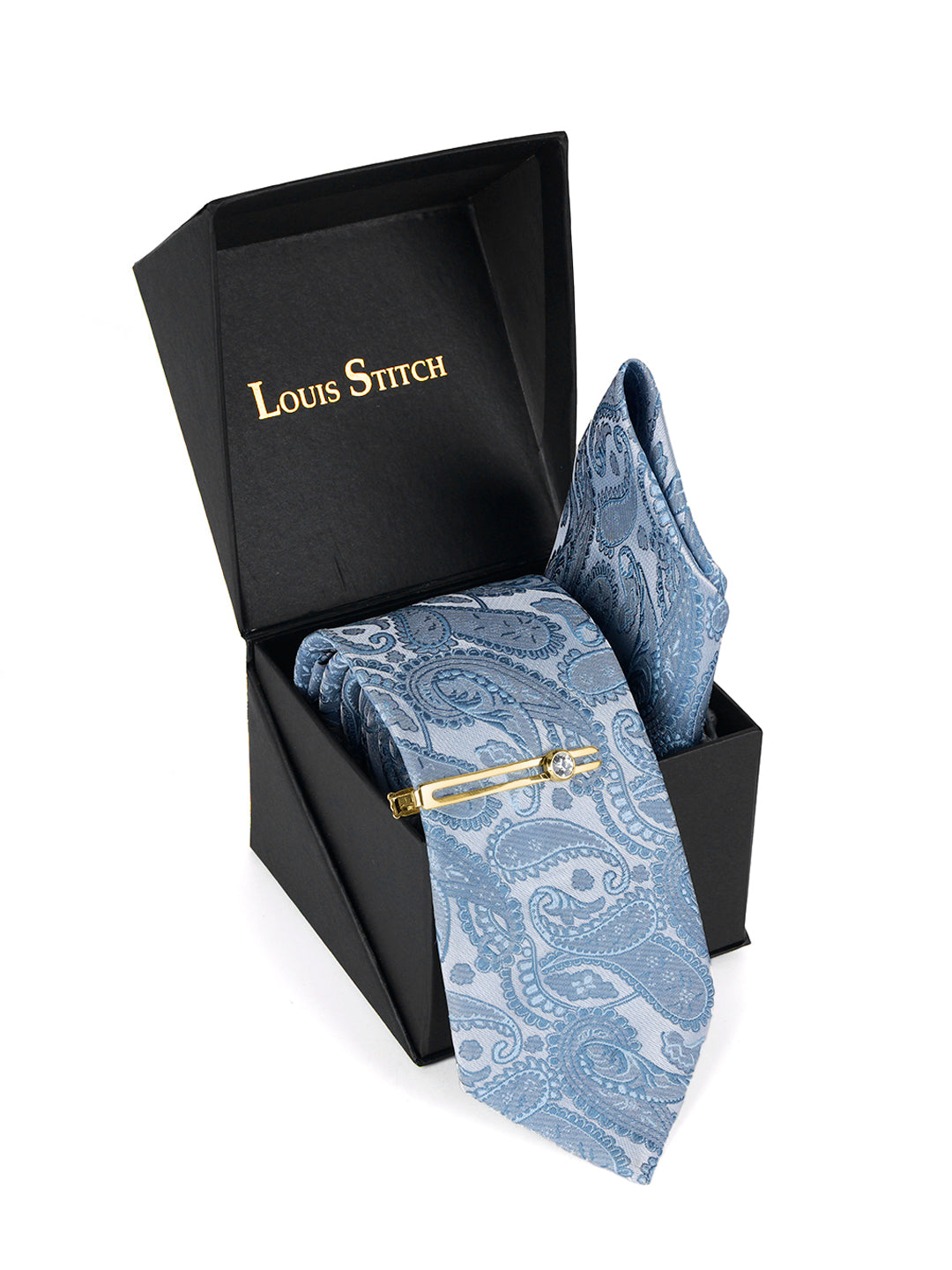 Cadet Grey Luxury Italian Silk Necktie Set Pocket Square Golden Tiepin