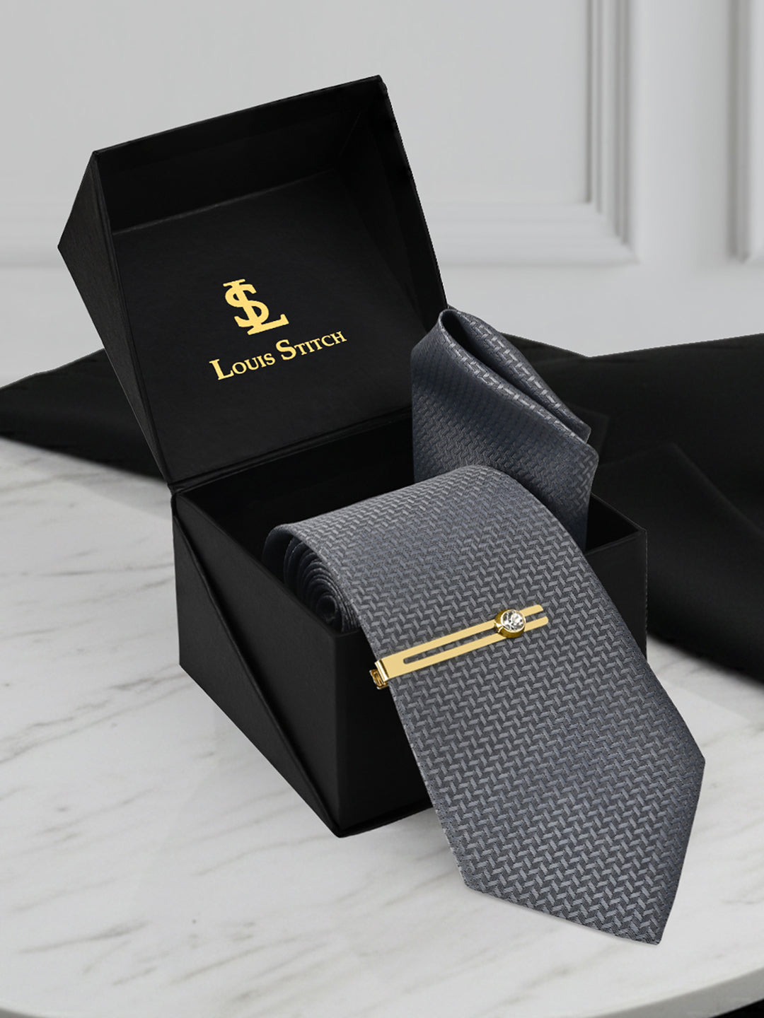 Grey Luxury Polyster Micro Fabric Necktie Set Pocket Square Golden Tiepin