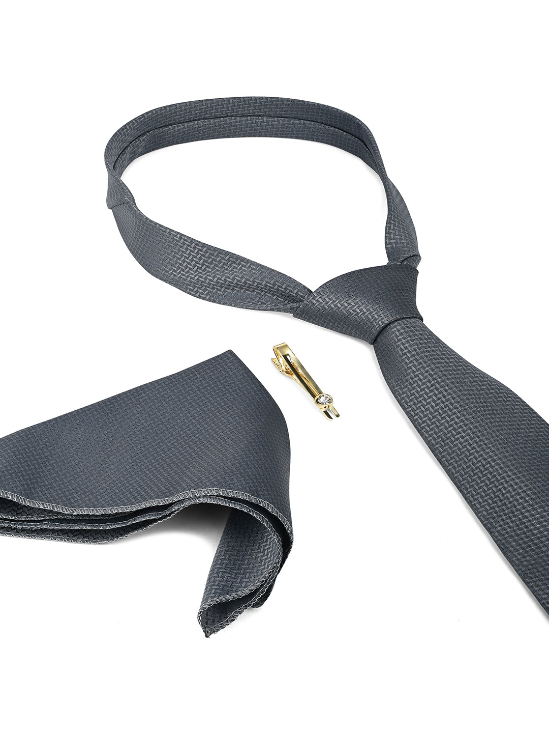 Grey Luxury Polyster Micro Fabric Necktie Set Pocket Square Golden Tiepin