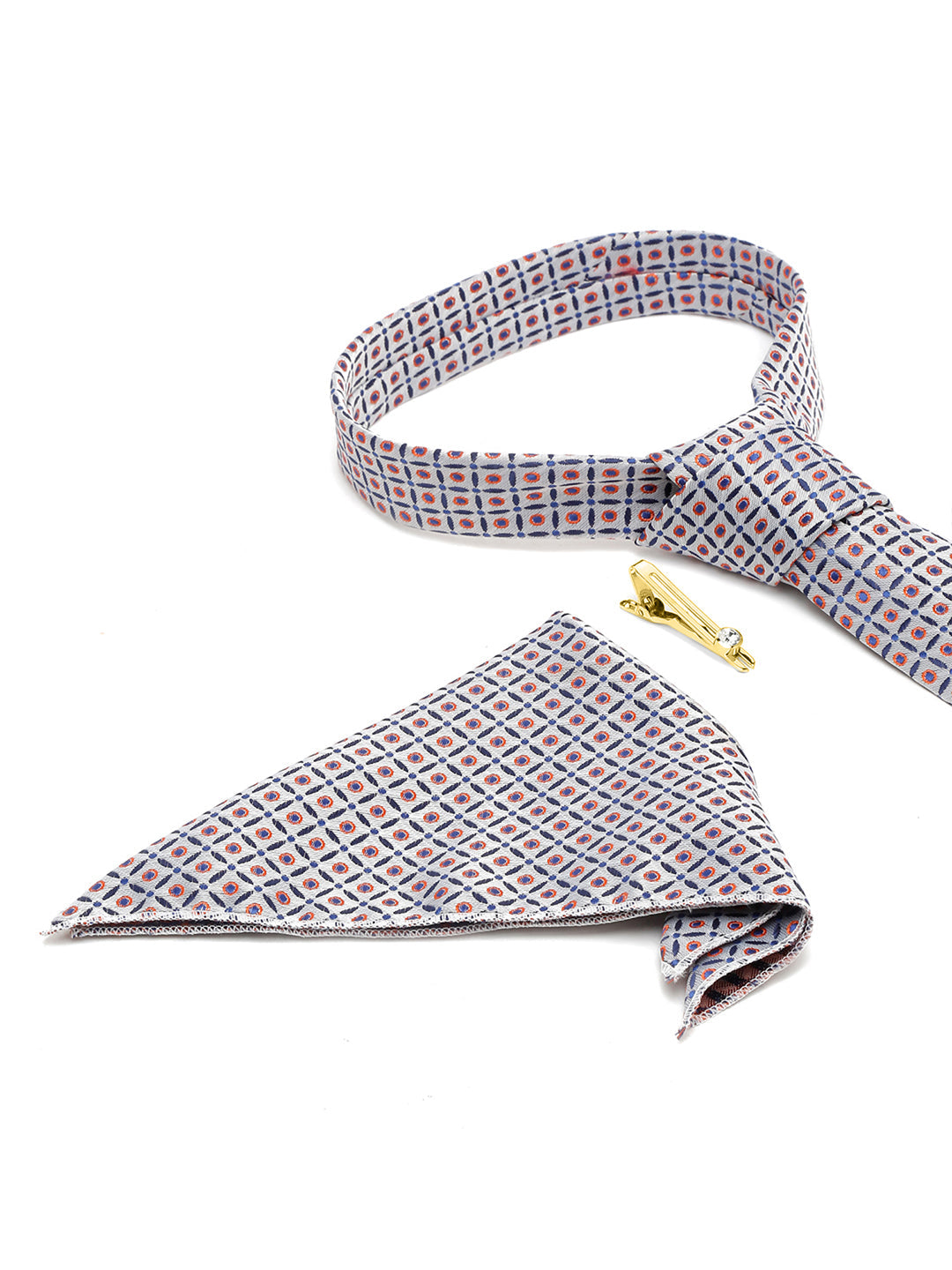 Cloud Grey Italian Silk Necktie Set Pocket Square Golden Tiepin