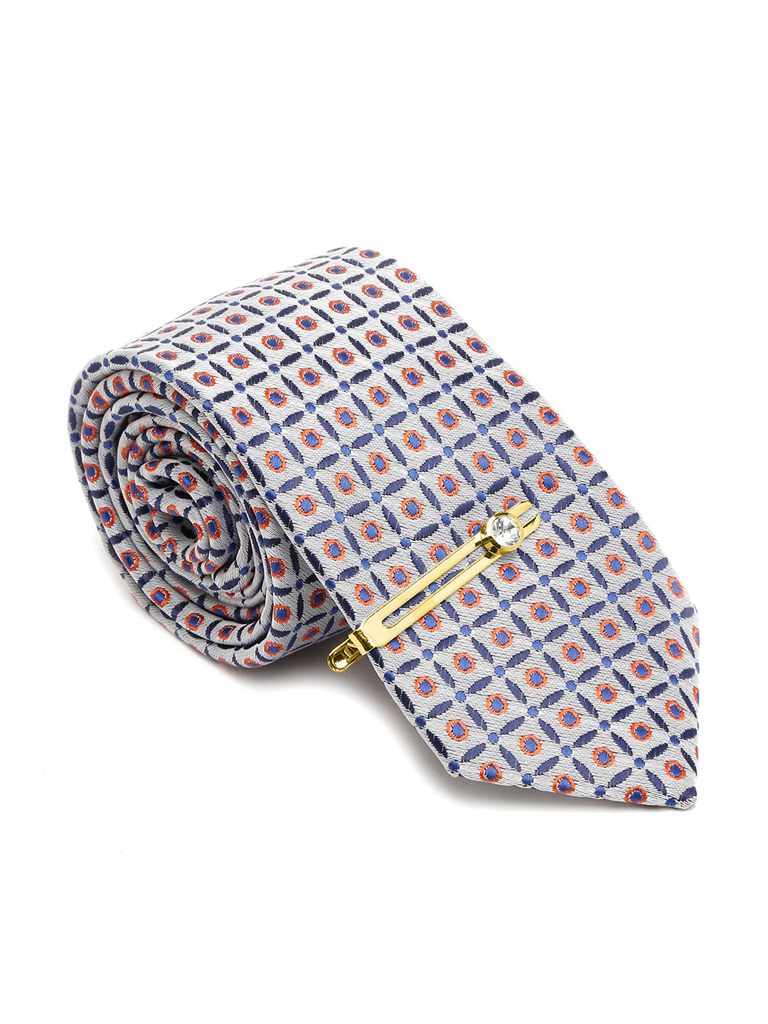 Cloud Grey Italian Silk Necktie Set Pocket Square Golden Tiepin