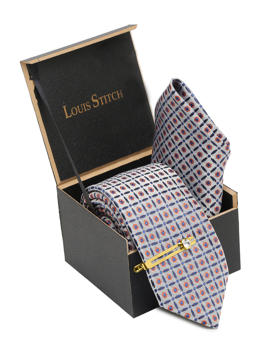 Cloud Grey Italian Silk Necktie Set Pocket Square Golden Tiepin