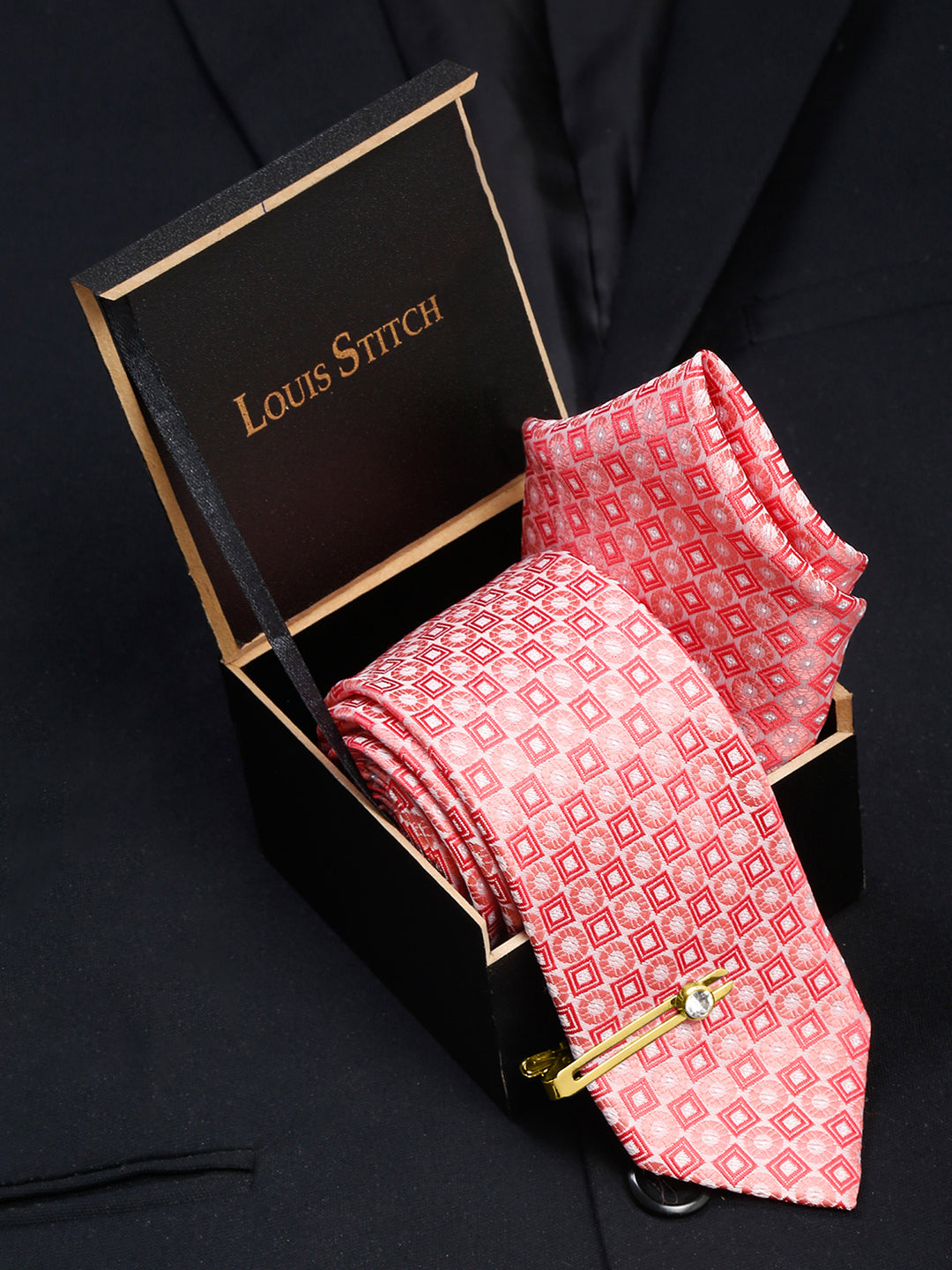 Salmon Peach Italian Silk Necktie Set Pocket Square Golden Tiepin