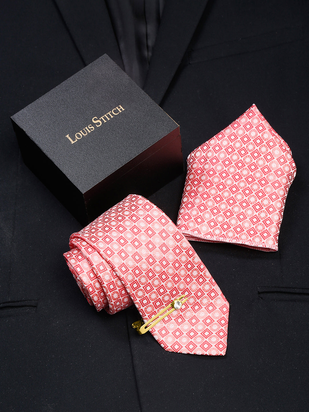 Salmon Peach Italian Silk Necktie Set Pocket Square Golden Tiepin