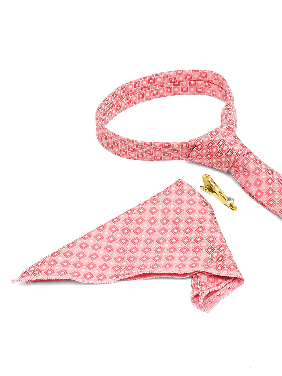 Salmon Peach Italian Silk Necktie Set Pocket Square Golden Tiepin