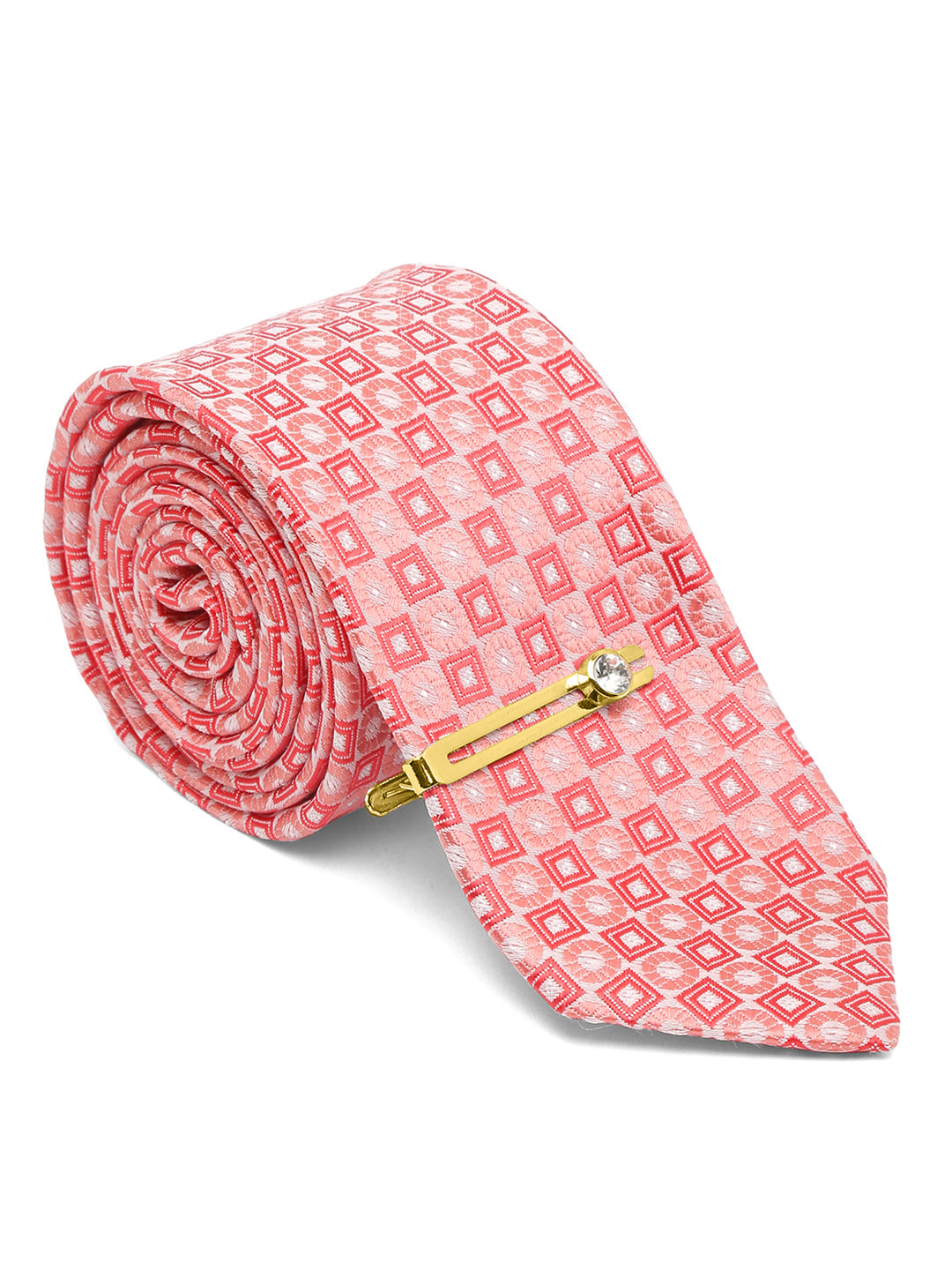 Salmon Peach Italian Silk Necktie Set Pocket Square Golden Tiepin