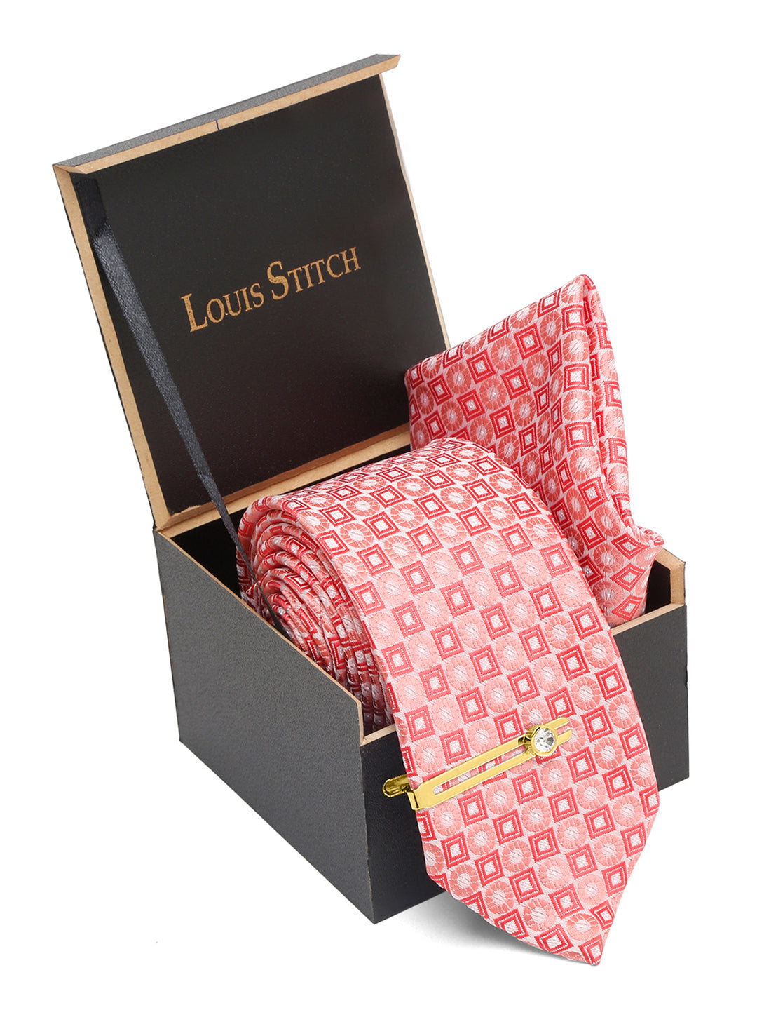 Salmon Peach Italian Silk Necktie Set Pocket Square Golden Tiepin