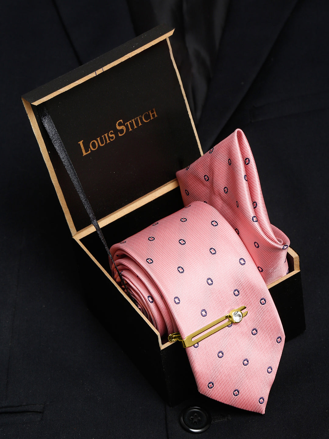 Apricot Peach Italian Silk Necktie Set Pocket Square Golden Tiepin
