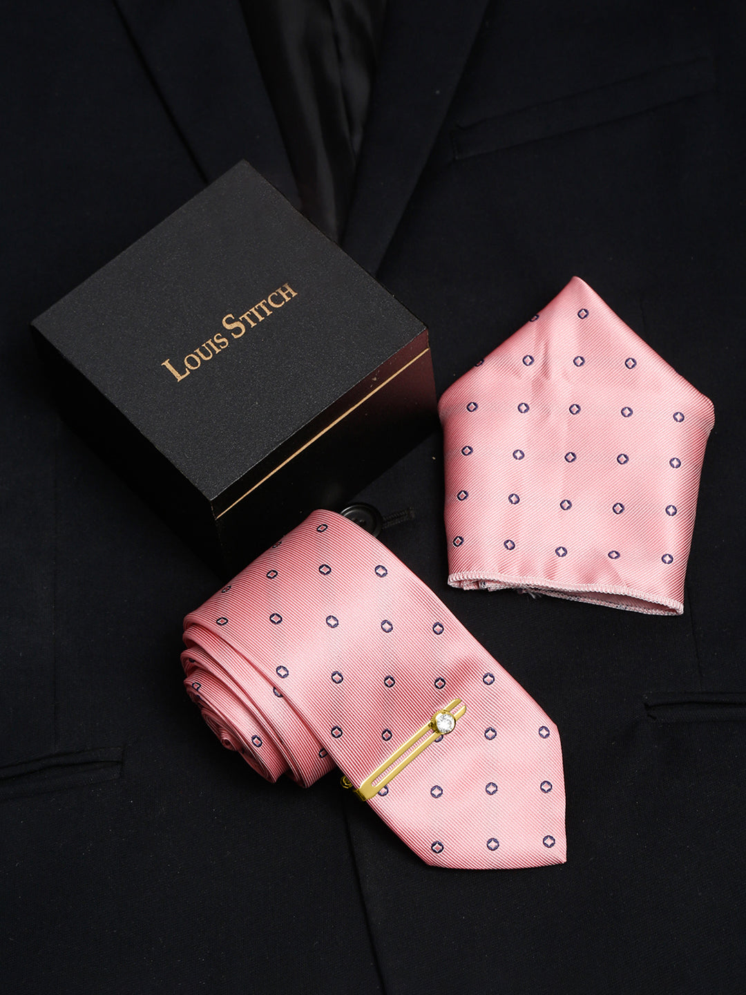 Apricot Peach Italian Silk Necktie Set Pocket Square Golden Tiepin