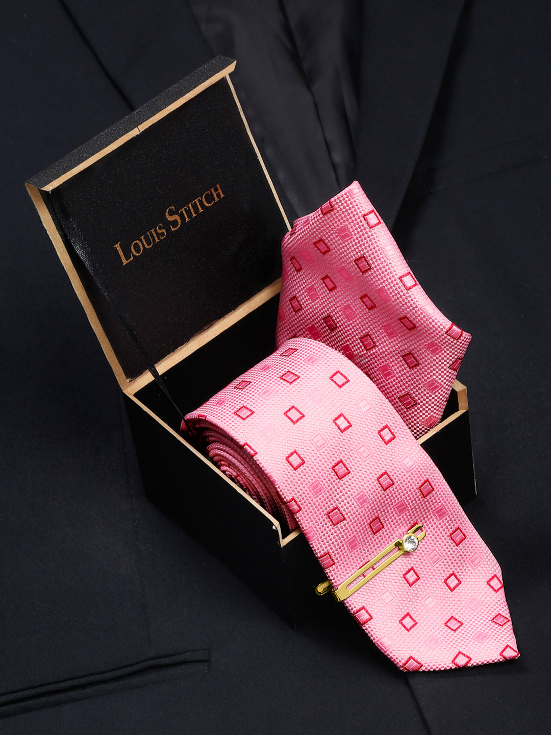 Blush Peach Italian Silk Necktie Set Pocket Square Golden Tiepin
