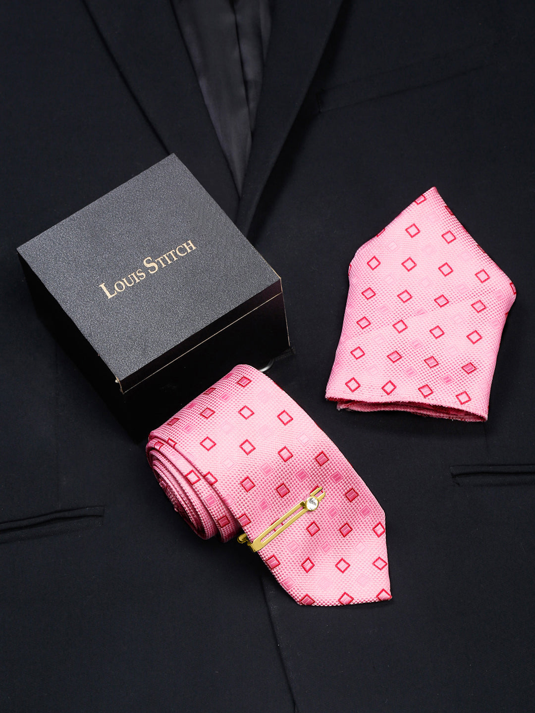Blush Peach Italian Silk Necktie Set Pocket Square Golden Tiepin