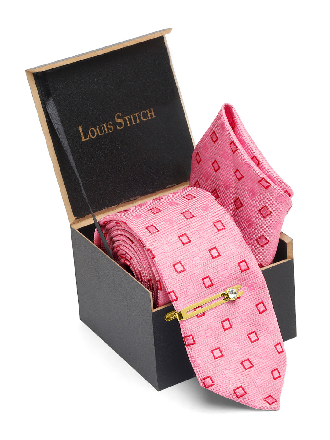 Blush Peach Italian Silk Necktie Set Pocket Square Golden Tiepin