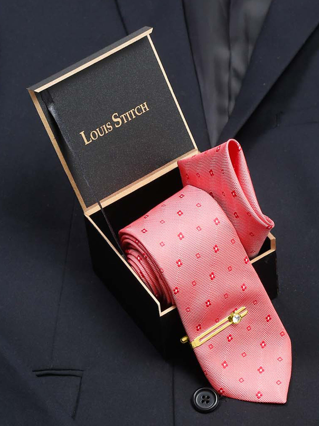 Sea Pink Italian Silk Necktie Set Pocket Square Golden Tiepin