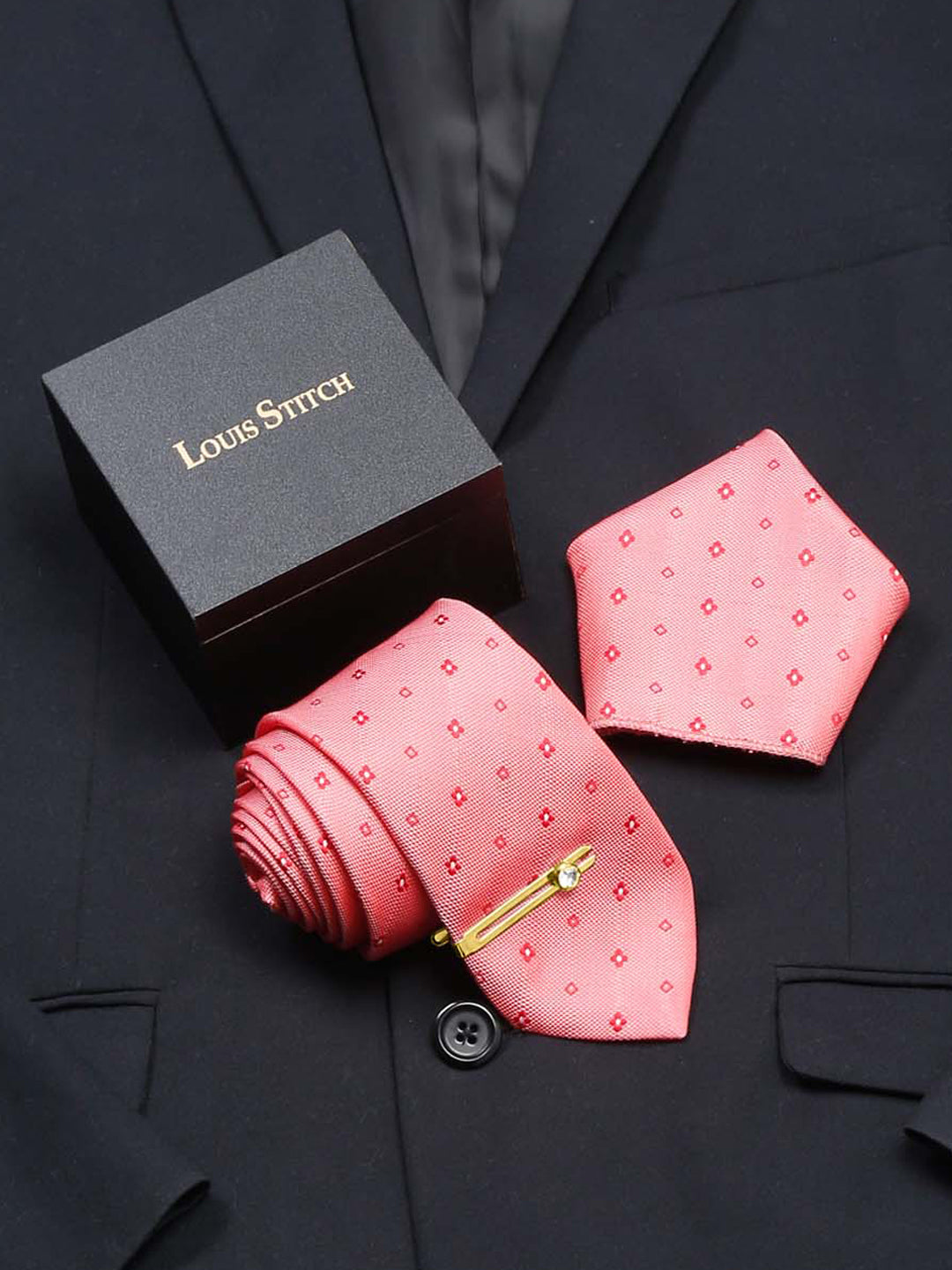 Sea Pink Italian Silk Necktie Set Pocket Square Golden Tiepin
