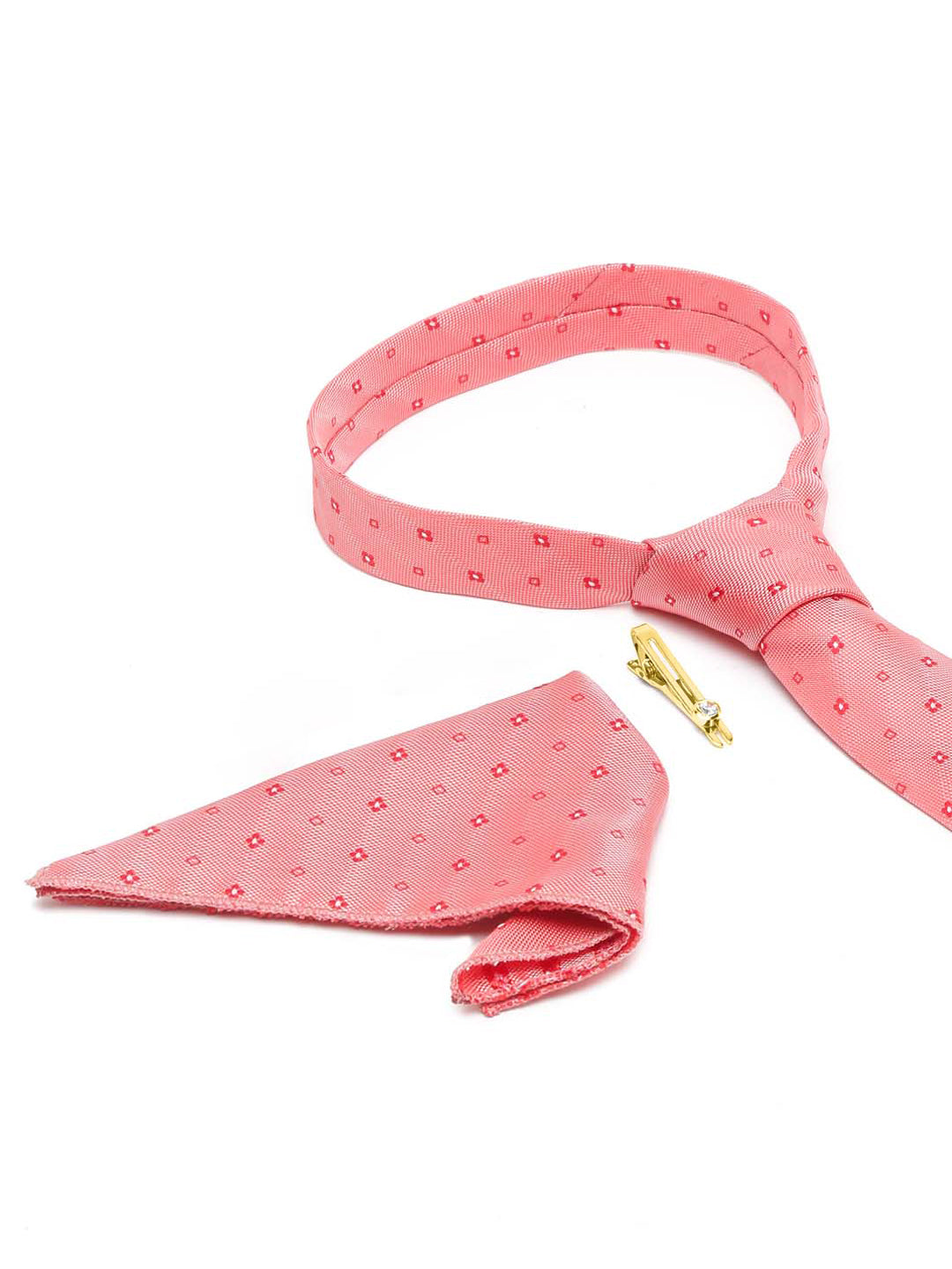 Sea Pink Italian Silk Necktie Set Pocket Square Golden Tiepin