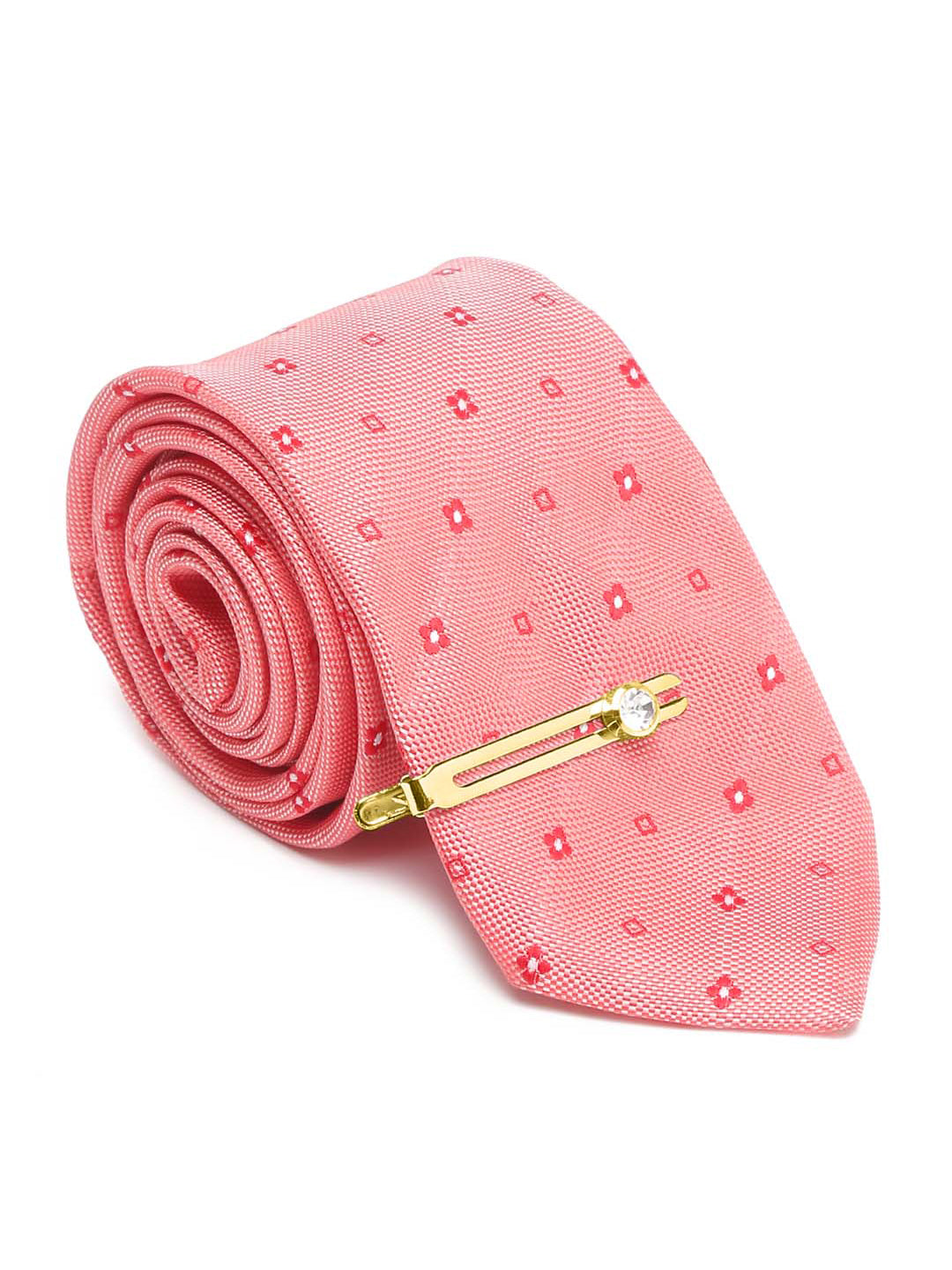 Sea Pink Italian Silk Necktie Set Pocket Square Golden Tiepin