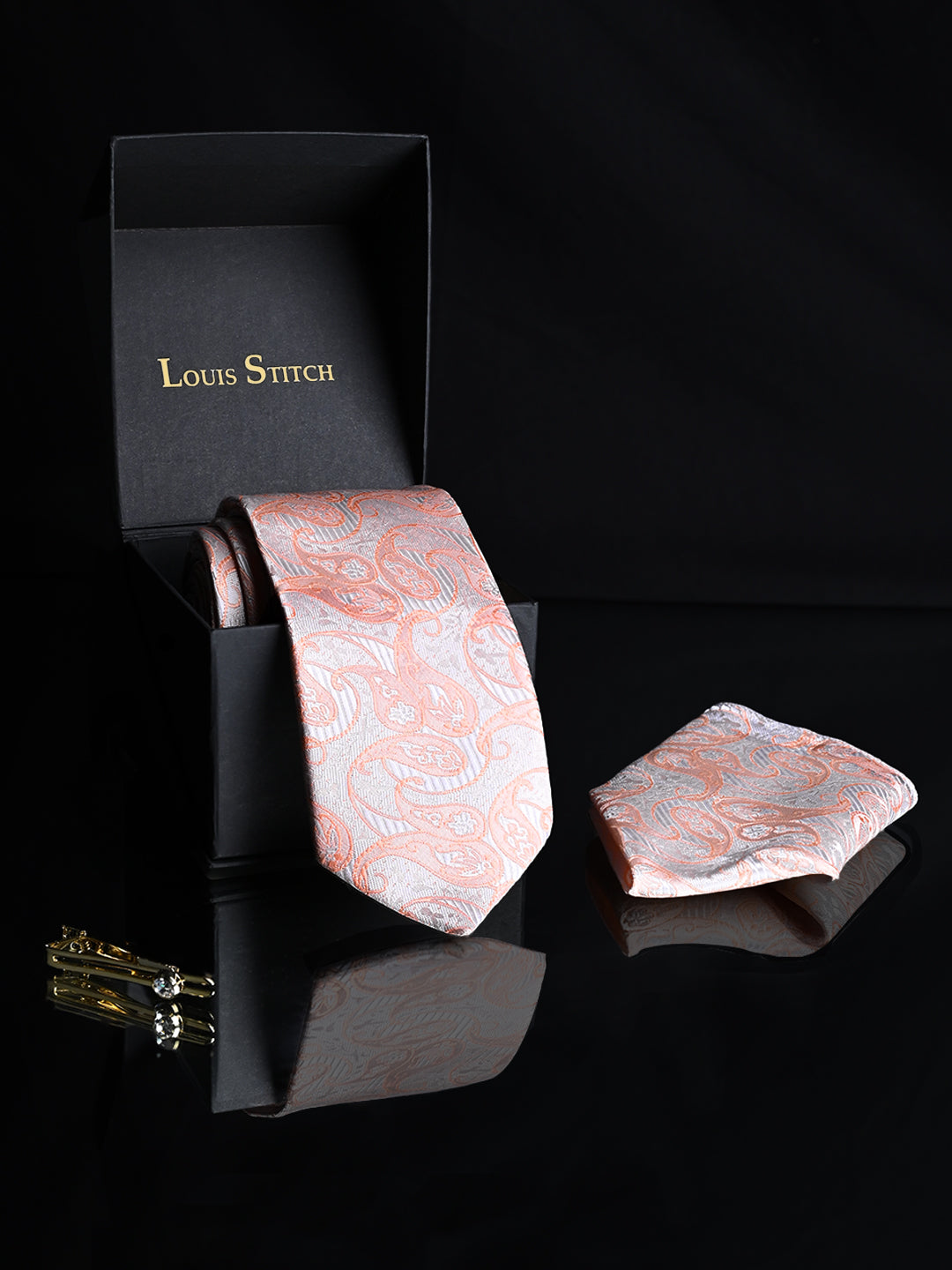 Pastel Peach Luxury Italian Silk Necktie Set Pocket Square Golden Tiepin