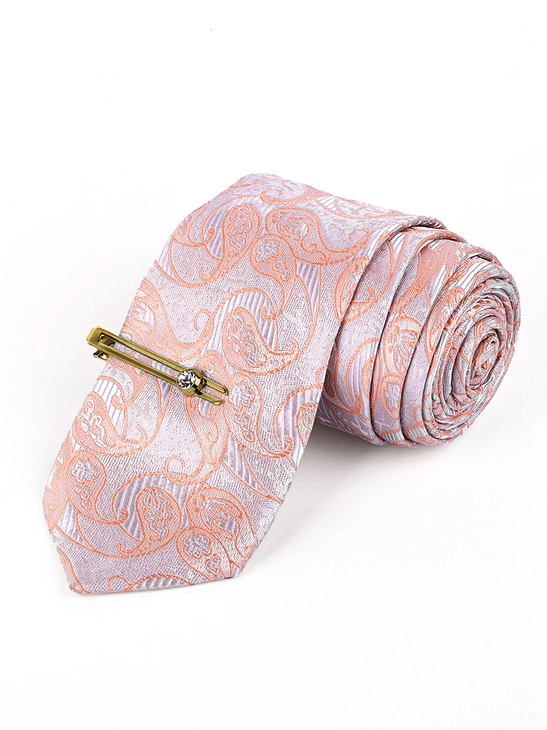 Pastel Peach Luxury Italian Silk Necktie Set Pocket Square Golden Tiepin