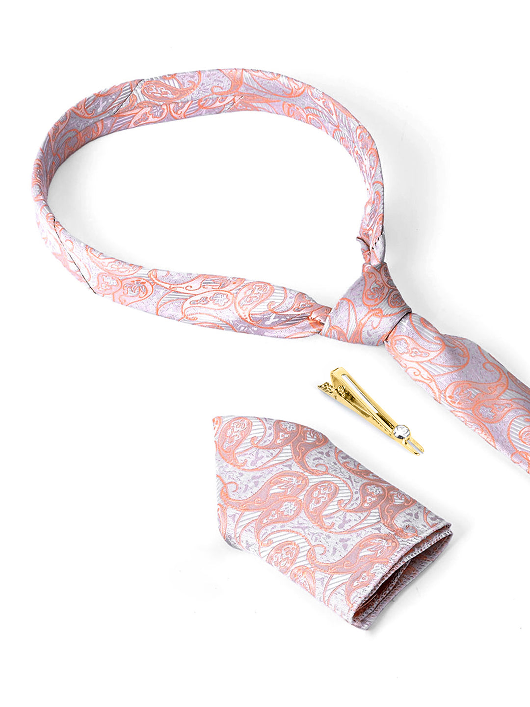 Pastel Peach Luxury Italian Silk Necktie Set Pocket Square Golden Tiepin