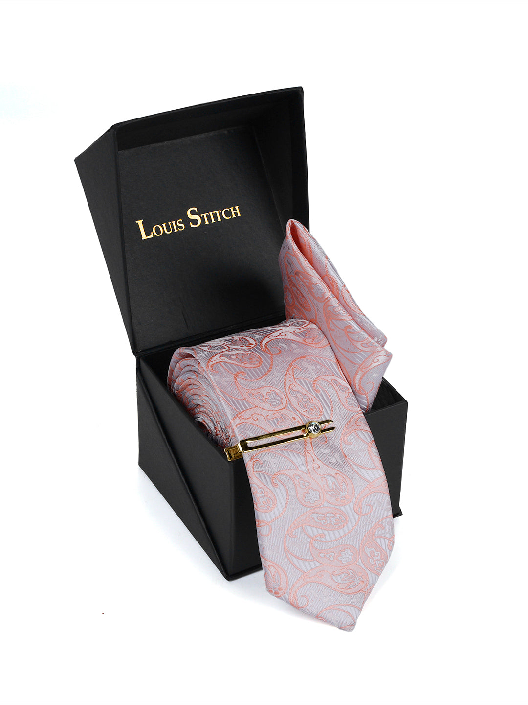 Pastel Peach Luxury Italian Silk Necktie Set Pocket Square Golden Tiepin