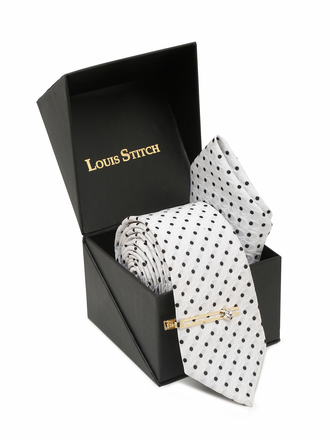 White Italian Silk Necktie Set Pocket Square Golden Tiepin