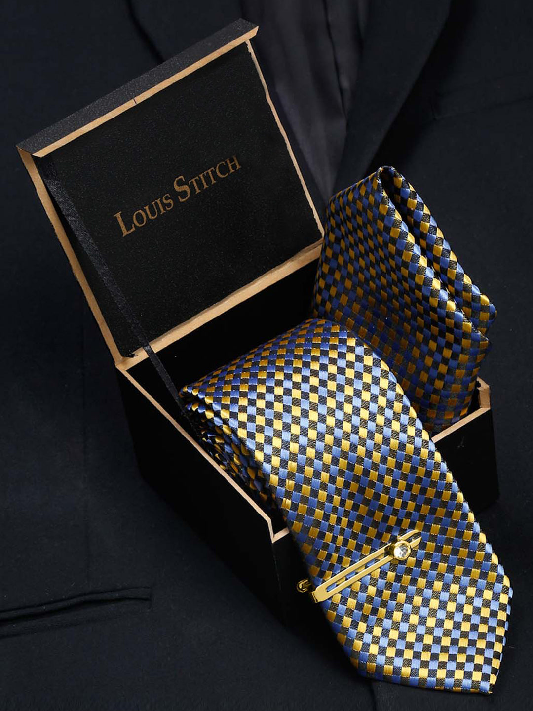 Canary Yellow Italian Silk Necktie Set Pocket Square Golden Tiepin