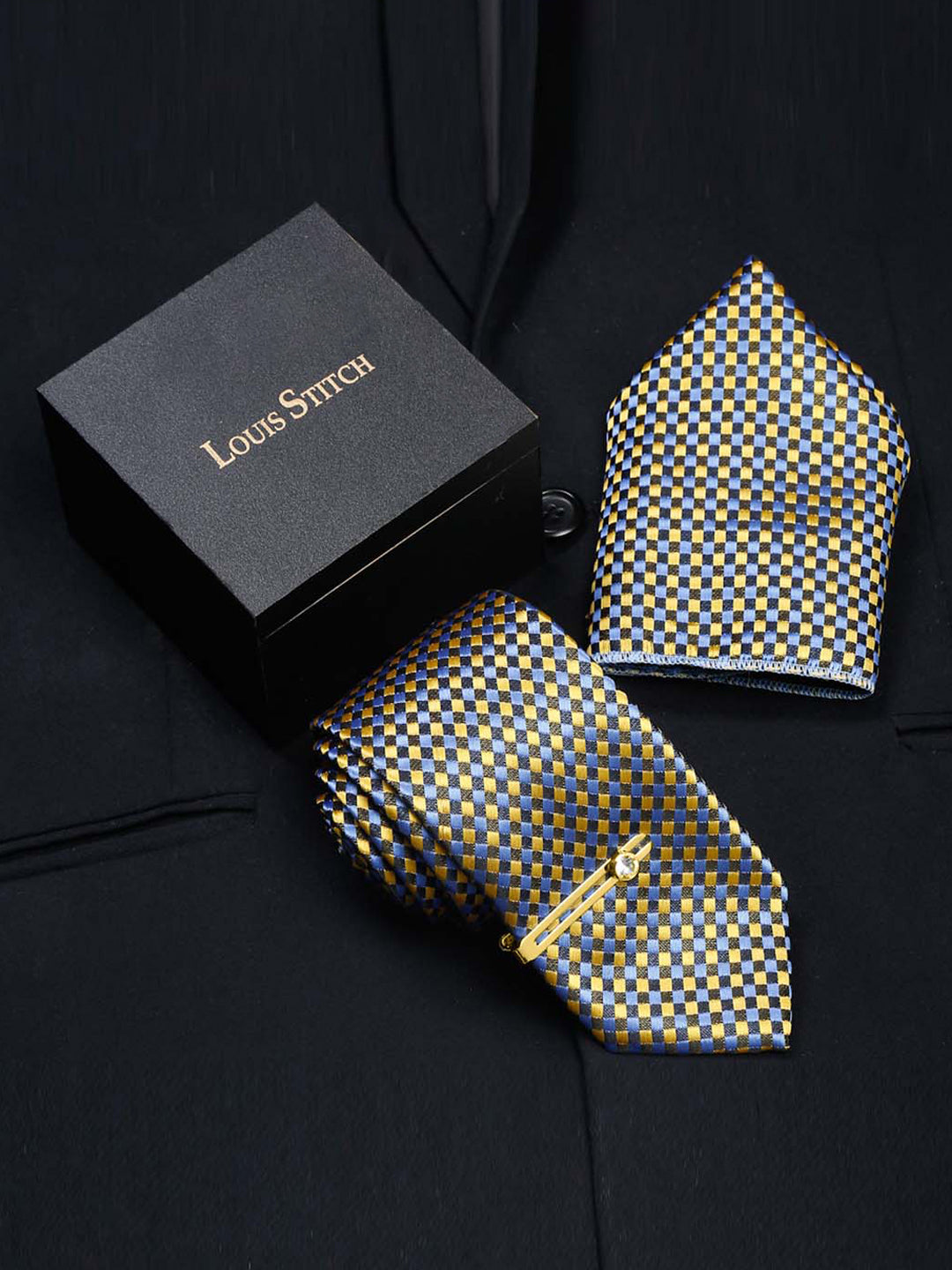 Canary Yellow Italian Silk Necktie Set Pocket Square Golden Tiepin