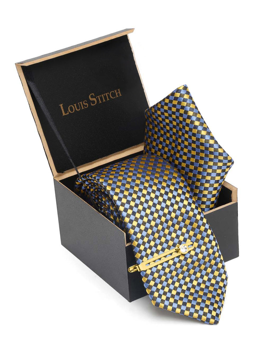 Canary Yellow Italian Silk Necktie Set Pocket Square Golden Tiepin