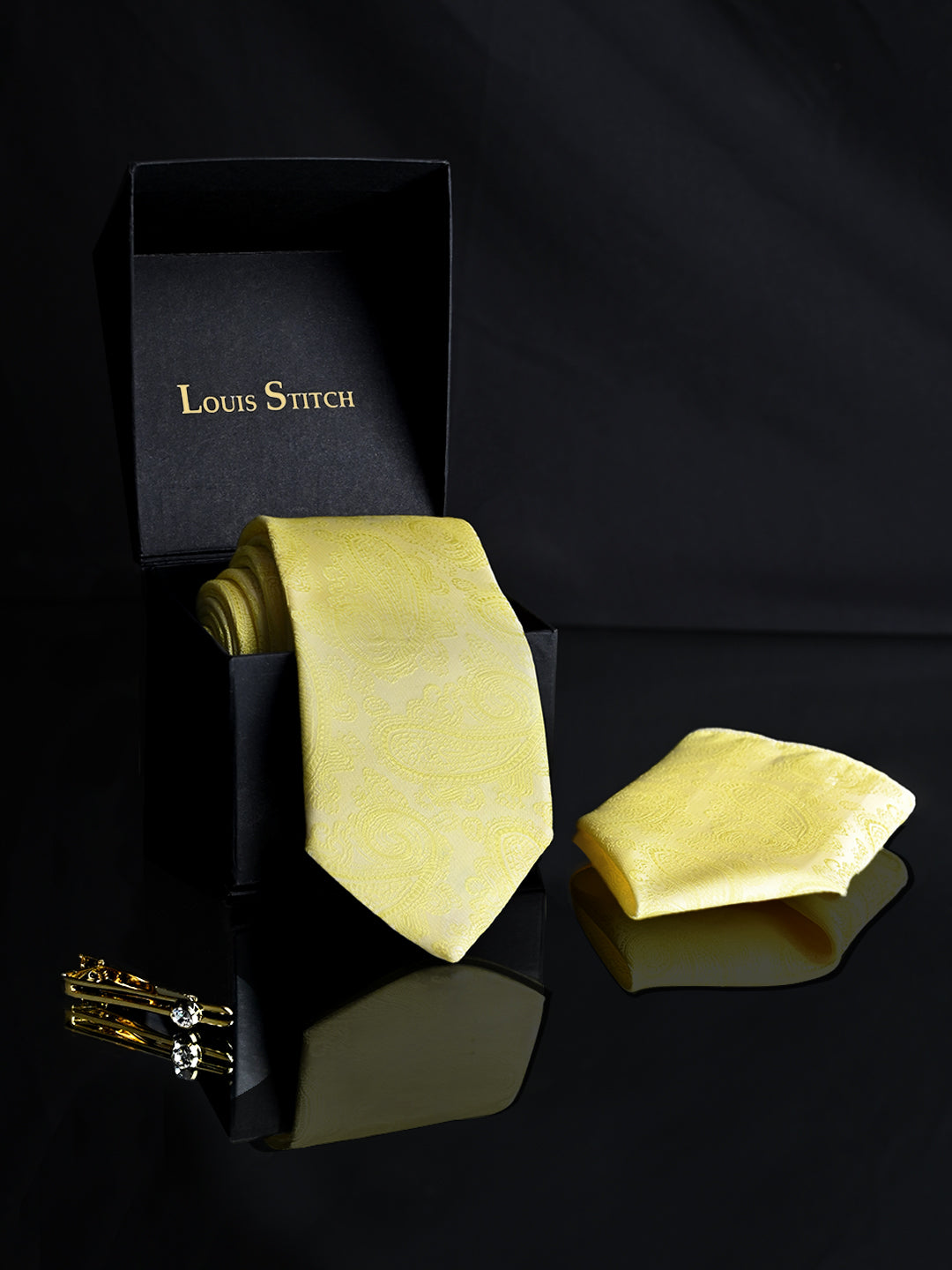 Bright Yellow Luxury Italian Silk Necktie Set Pocket Square Golden Tiepin