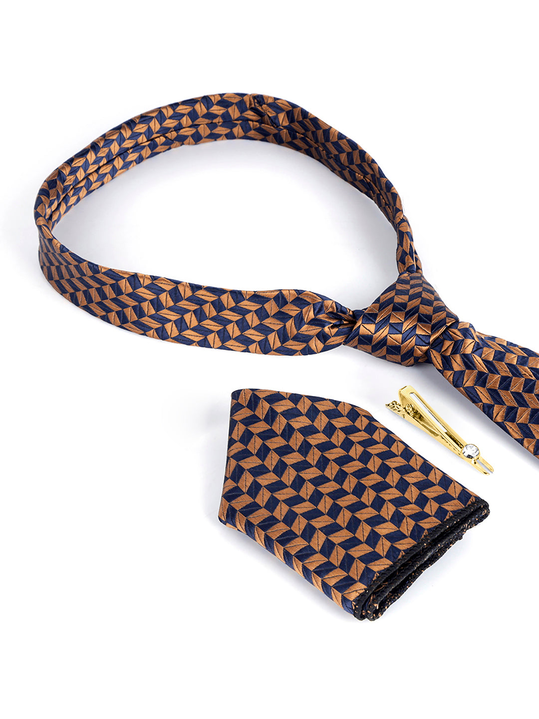 Golden Brown Luxury Italian Silk Necktie Set Pocket Square Golden Tiepin